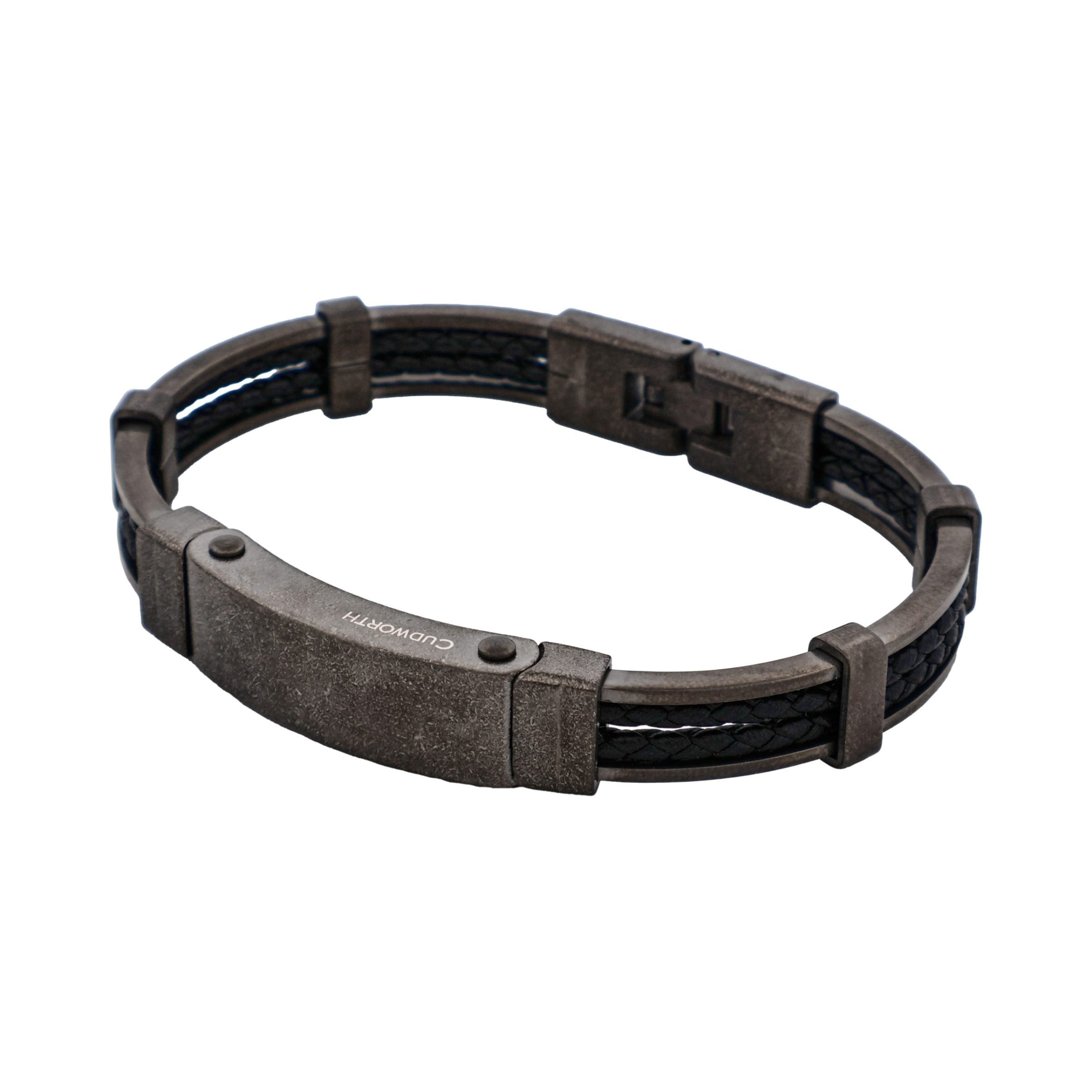 Ion Plated Antique Gun Metal Stainless Steel & Black Leather Bracelet