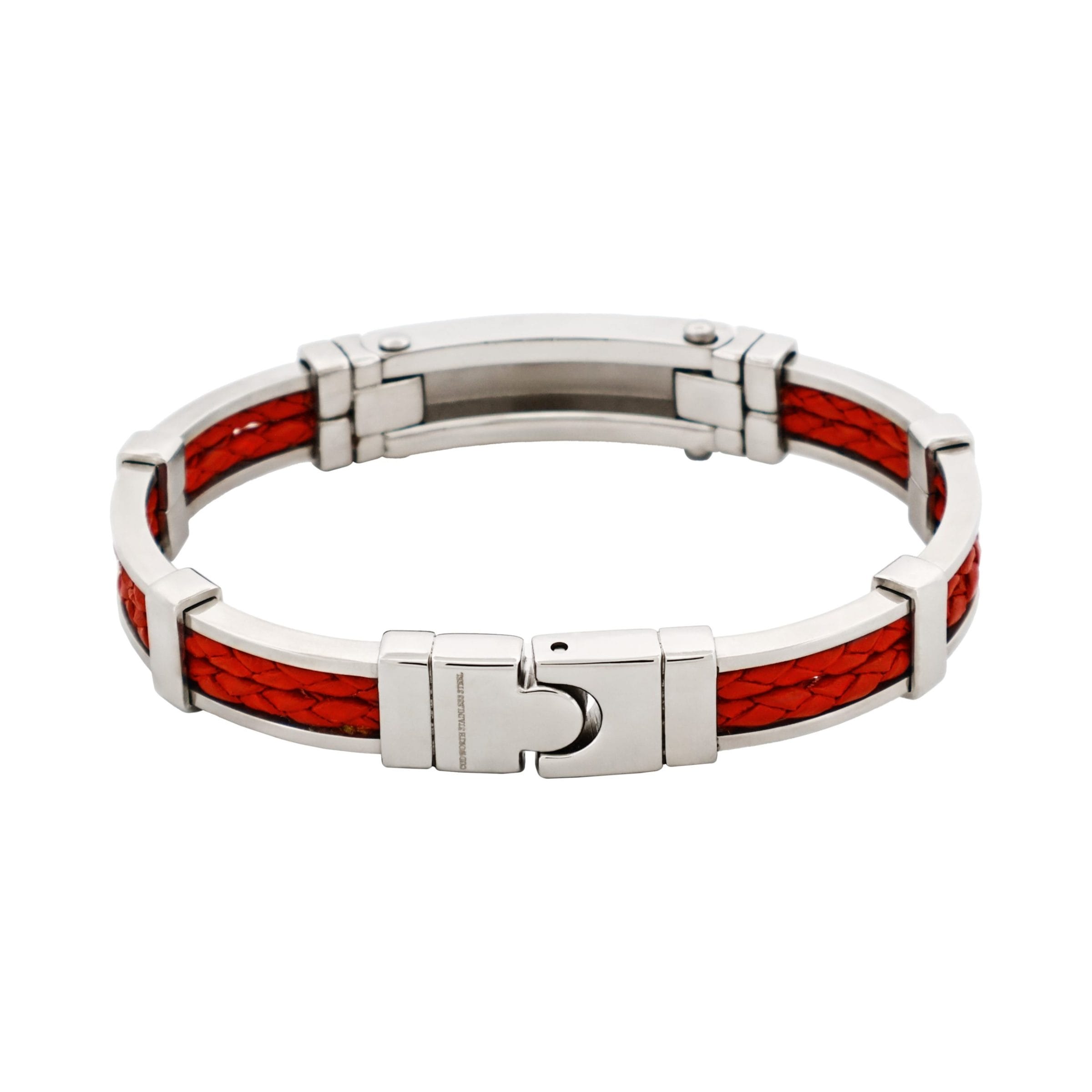 Polished Stainless Steel Bracelet with Double Strand Braided Red Leather