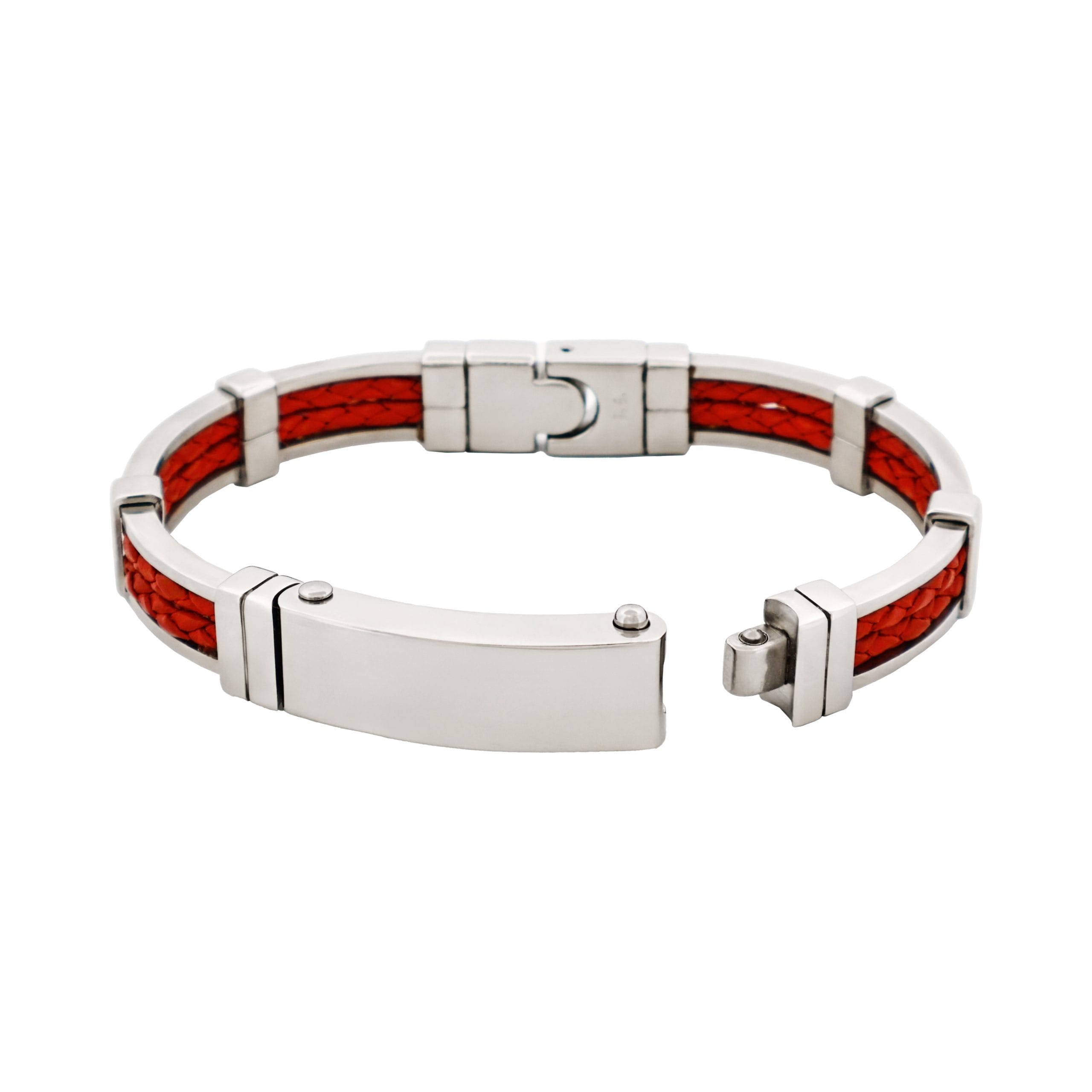 Polished Stainless Steel Bracelet with Double Strand Braided Red Leather