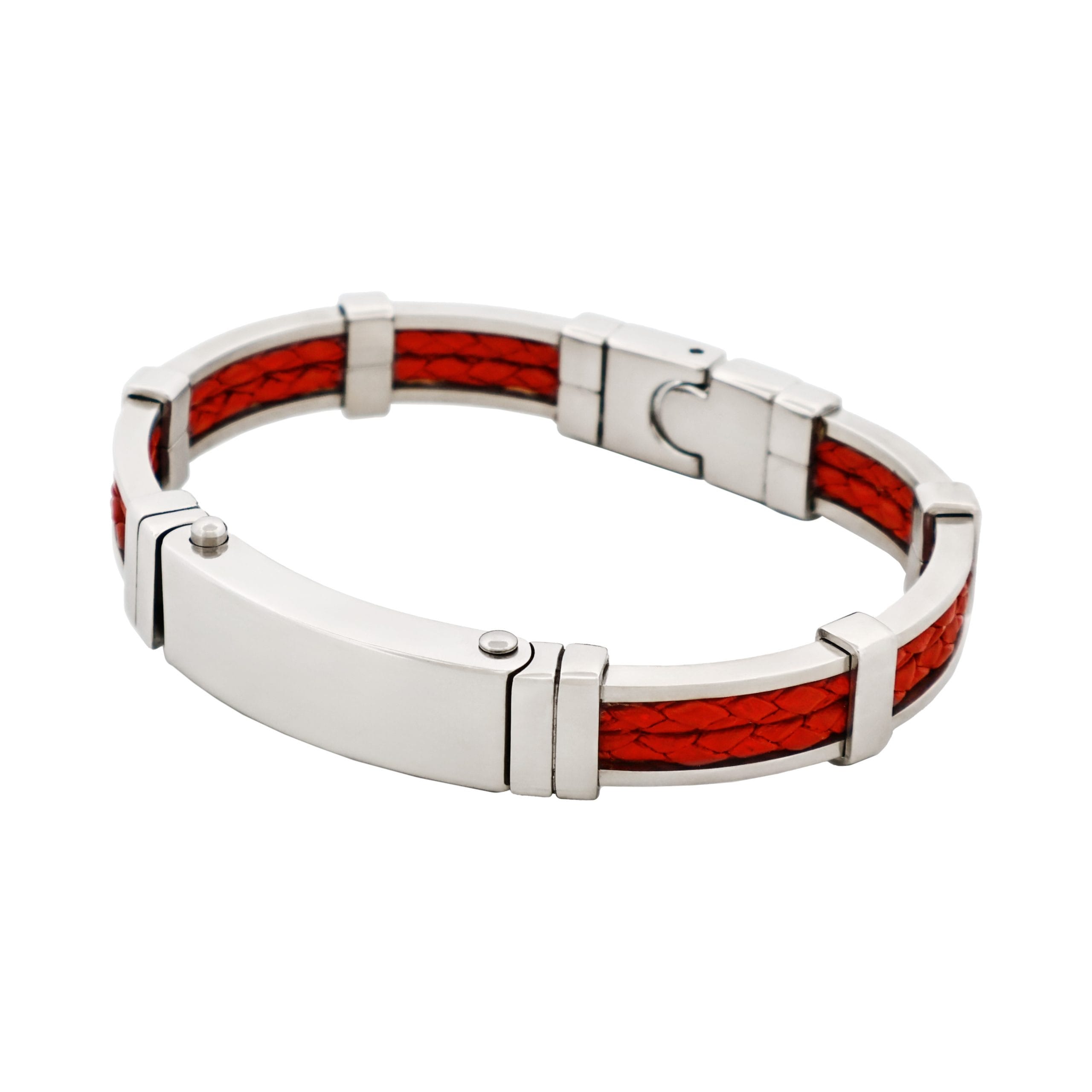 Polished Stainless Steel Bracelet with Double Strand Braided Red Leather