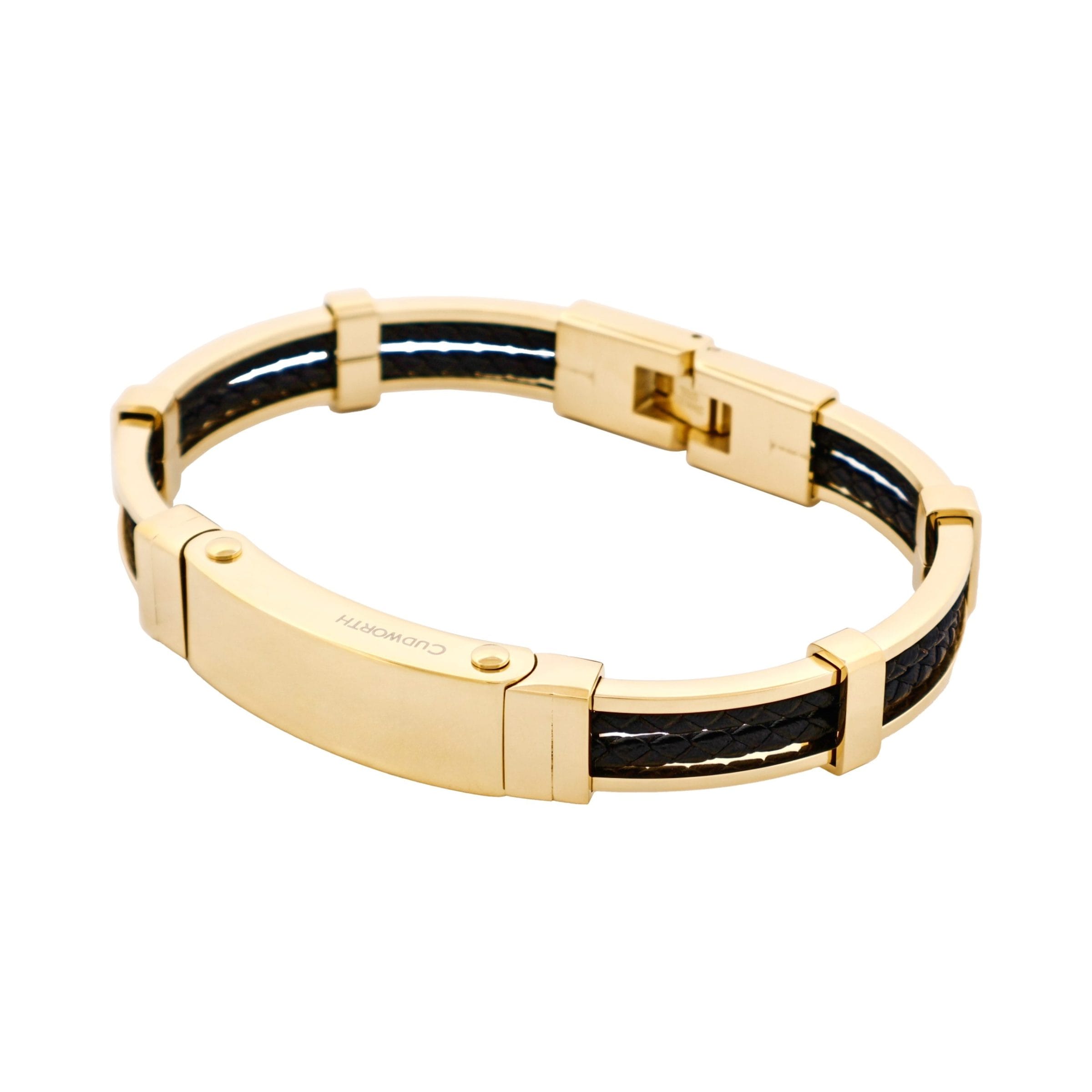 Ion Plated Polished 14k Gold & Stainless Steel Black Leather Bracelet