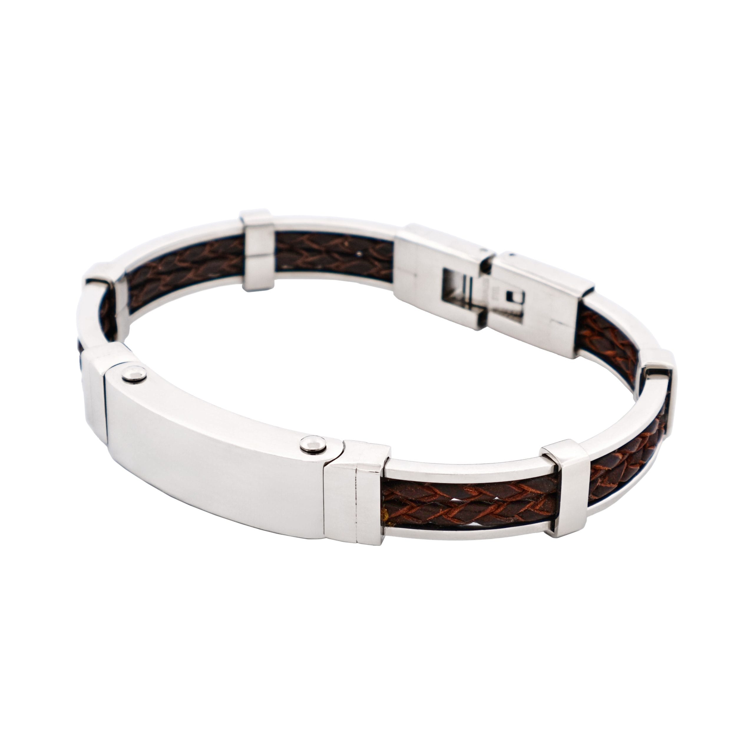 Polished Stainless Steel Bracelet with Double Strand Braided Brown Leather