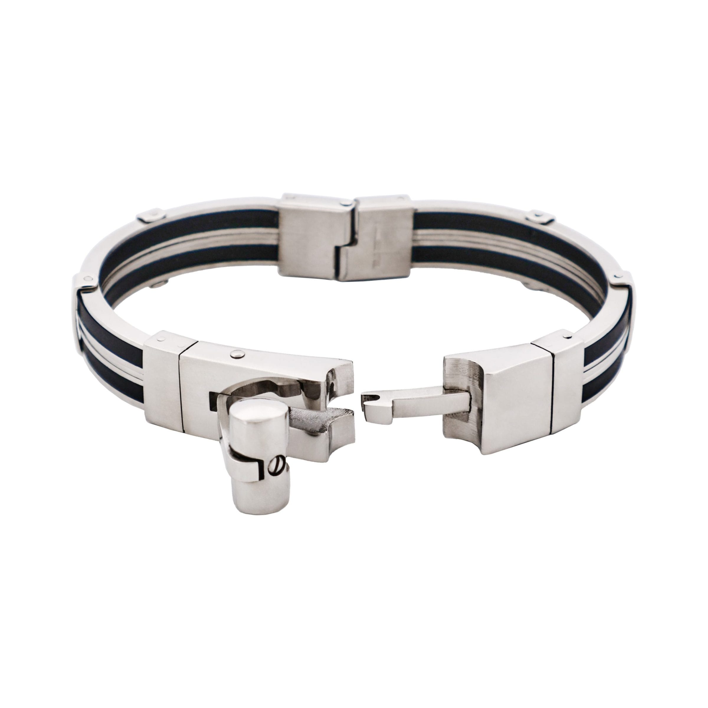 Polished Stainless Steel & Black Rubber Bracelet with Locking Clasp