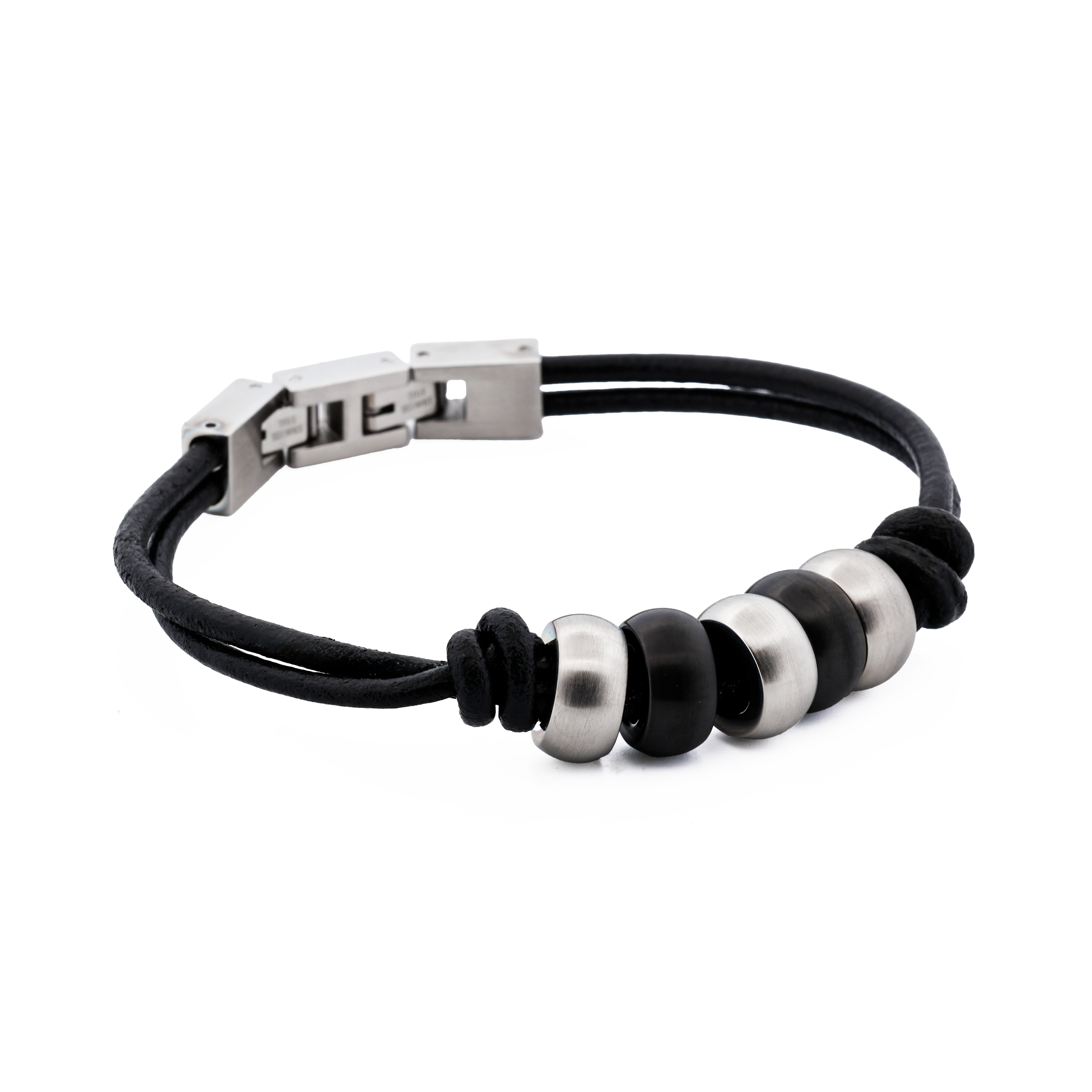 Stainless Steel/Ion Plated Black Beaded/Leather Bracelet