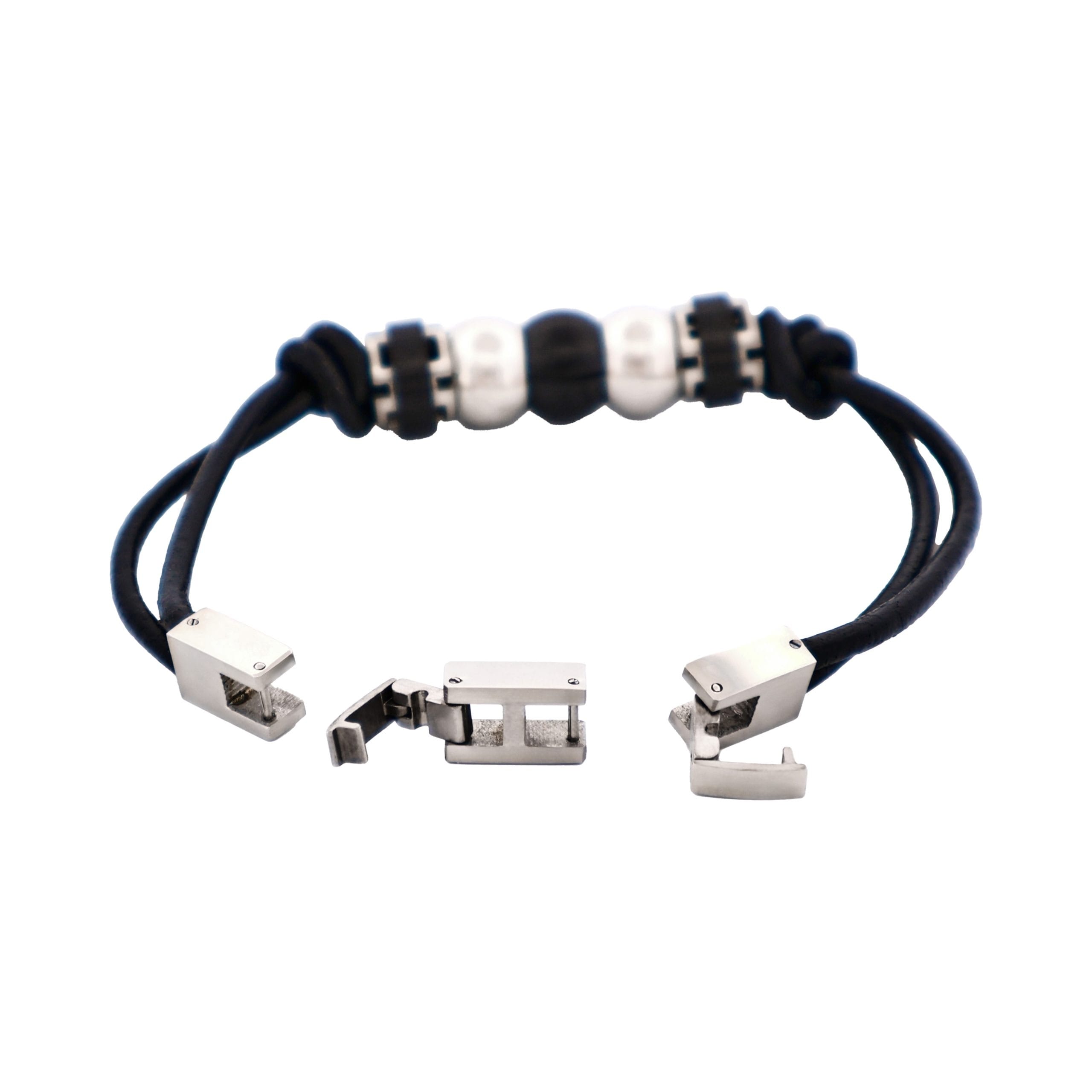 Stainless Steel &Ion Plated Black Beaded & Leather Bracelet