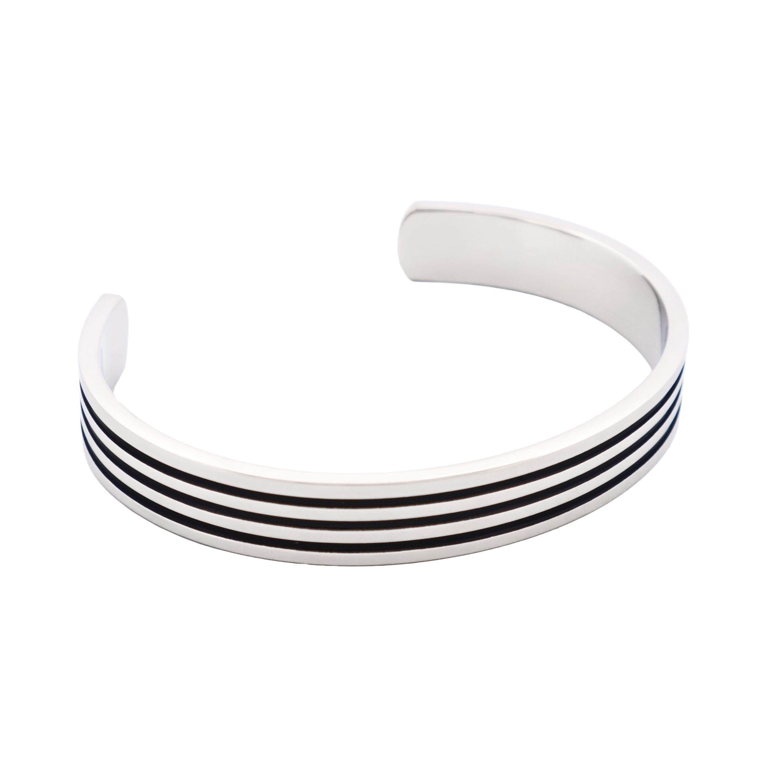 Brushed and Polished Stainless Steel Cuff/Bangle + Ion Plated Black StrIpes