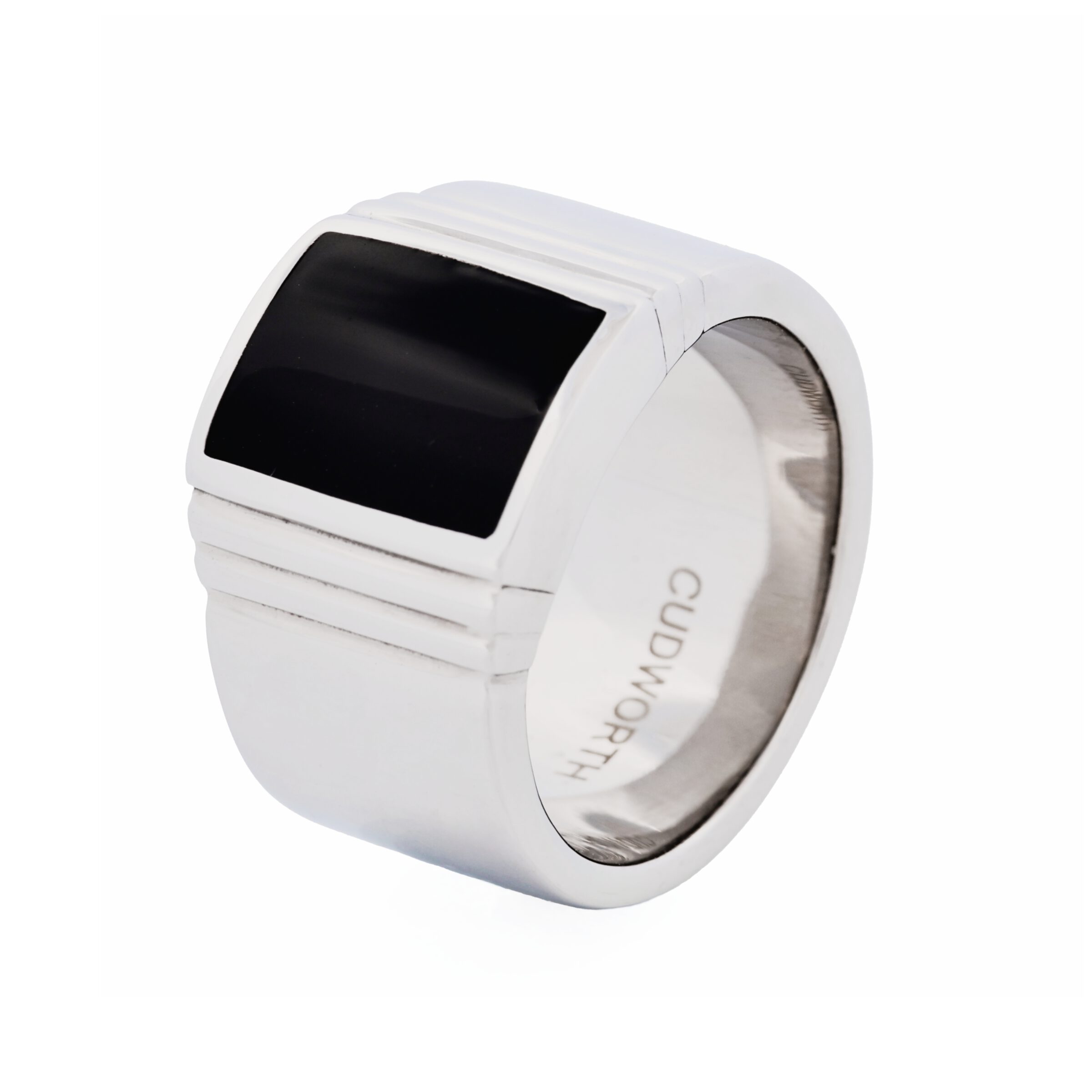 Polished Stainless Steel and Black Lacquer Signet Ring