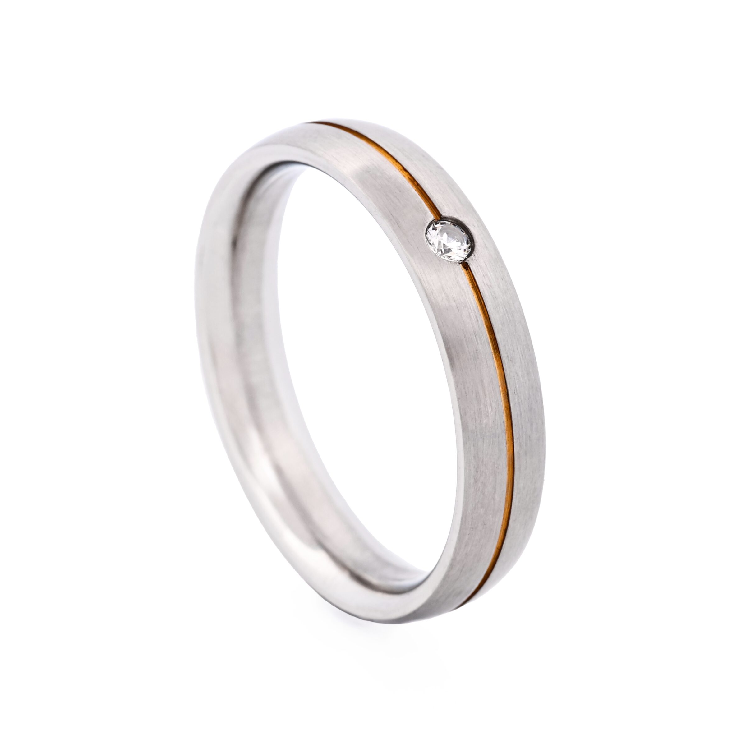 Slim Brushed Stainless Steel with Ion Plated Gold Stripe and Cubic Zirconia Ring