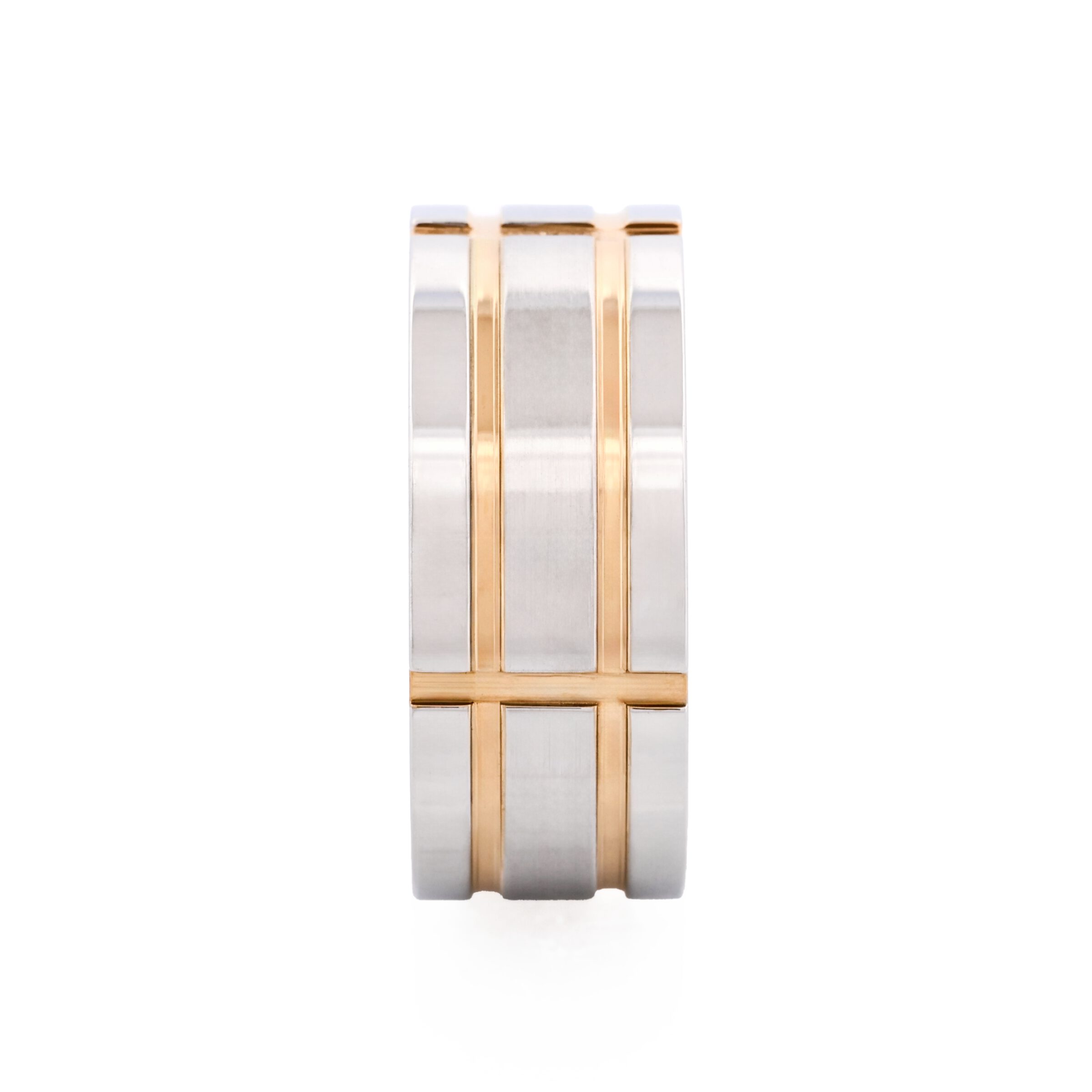 Brushed Stainless Steel & Ion Plated Yellow Gold Indented Grid Ring