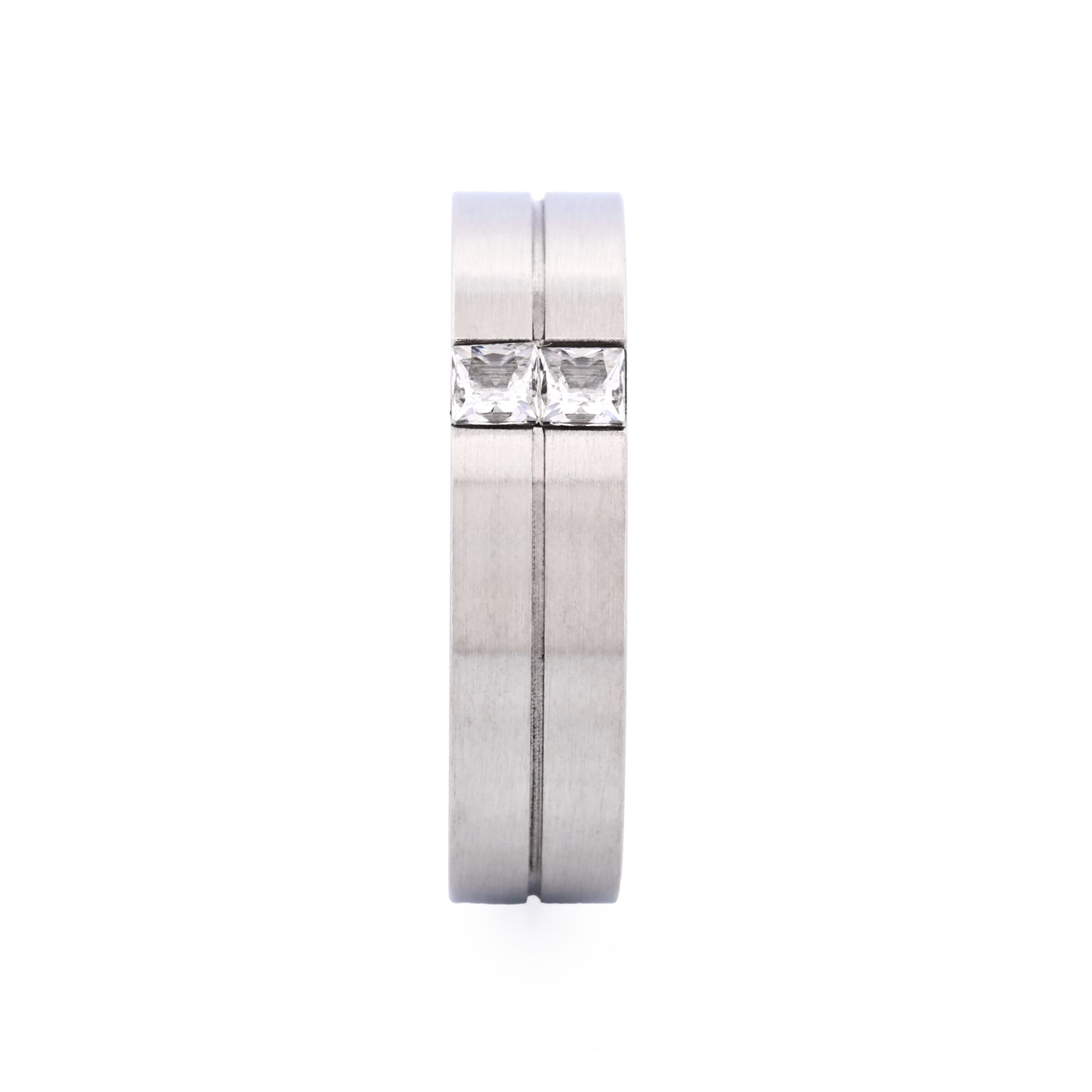 Brushed Stainless Steel Ring with Two Cubic Zirconia