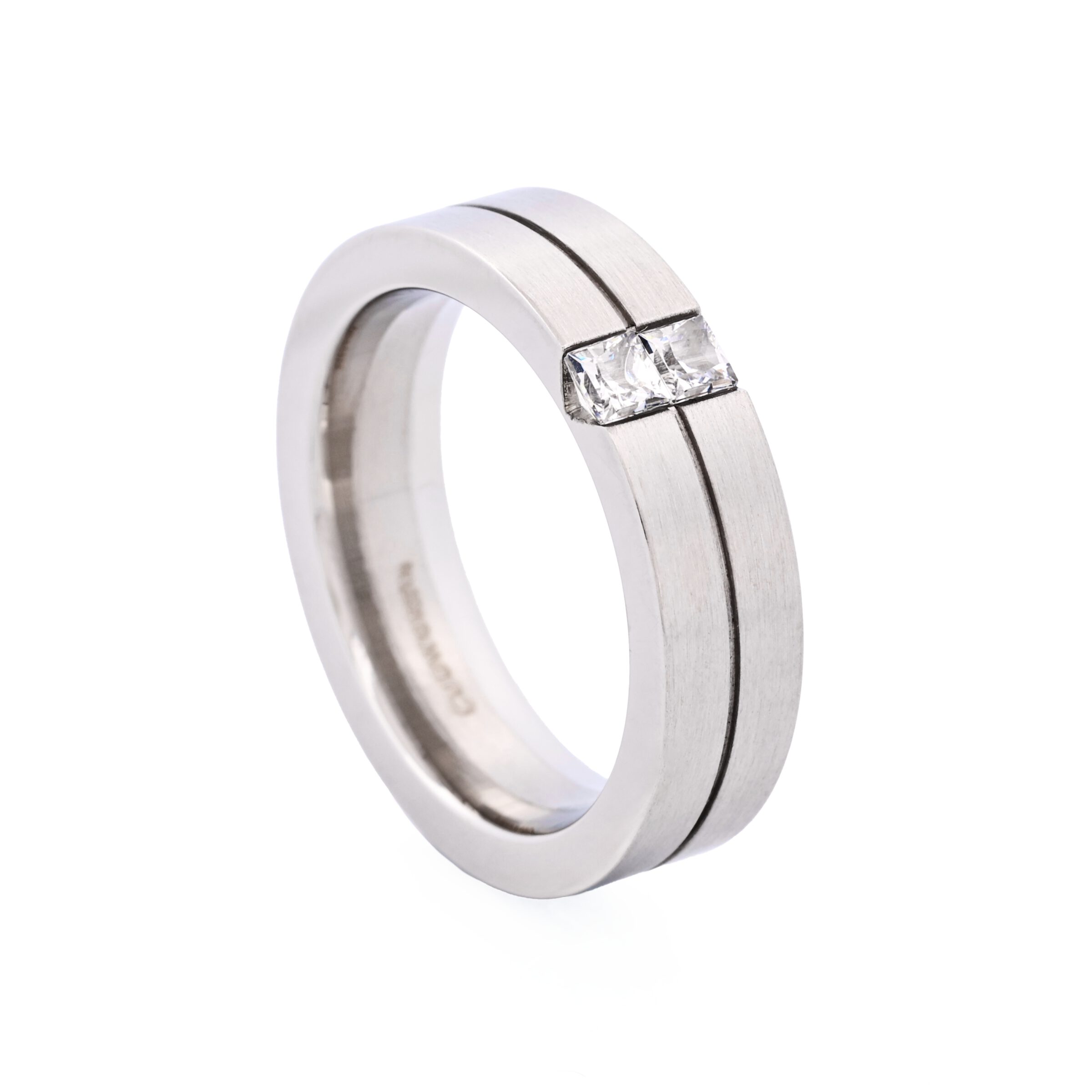 Brushed Stainless Steel Ring with Two Cubic Zirconia