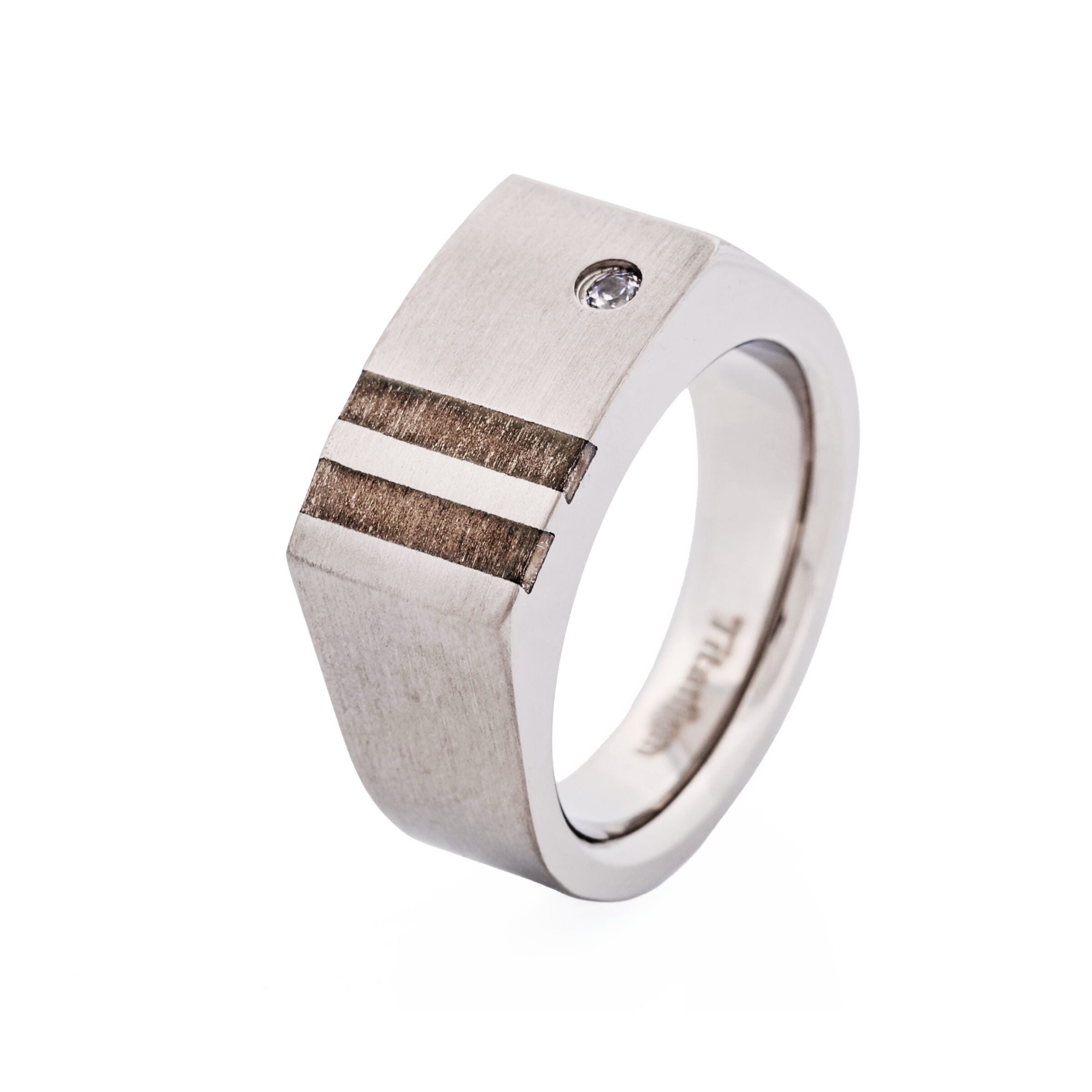 Brushed Titanium Signet Ring with Two Ion Plated Gold Inlays with a Single Cubic Zirconia