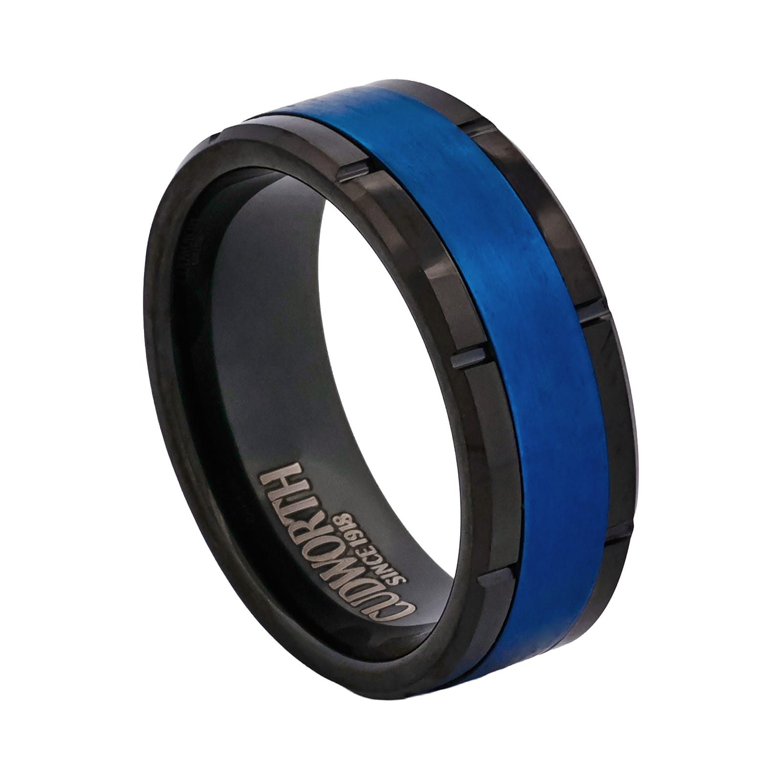 Cudworth Brushed Black and Blue Ion Plated Tungsten Ring - Blue Apex