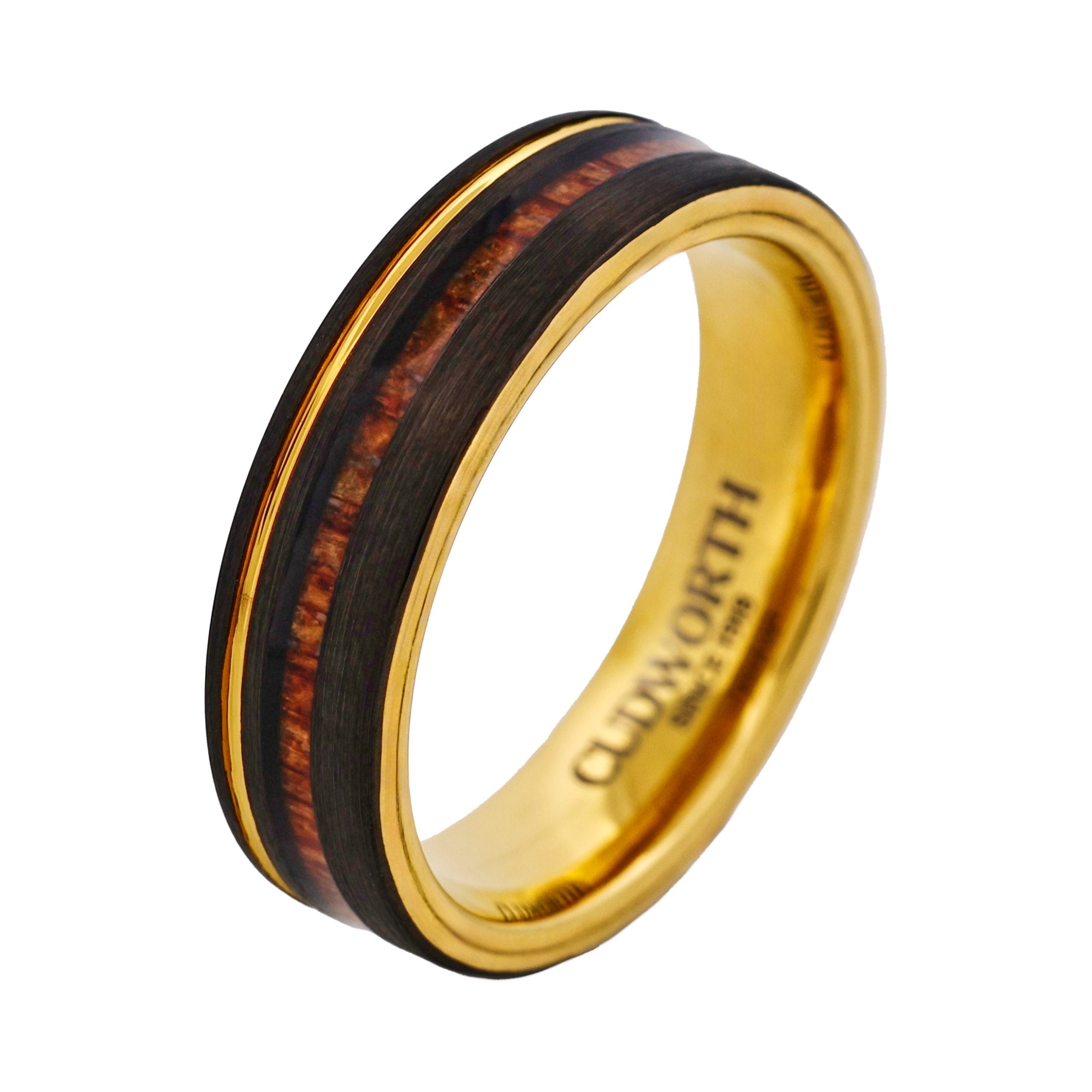 Tungsten Ring, Emberwood Classic - Gold tungsten ring with matte black and wood inlay