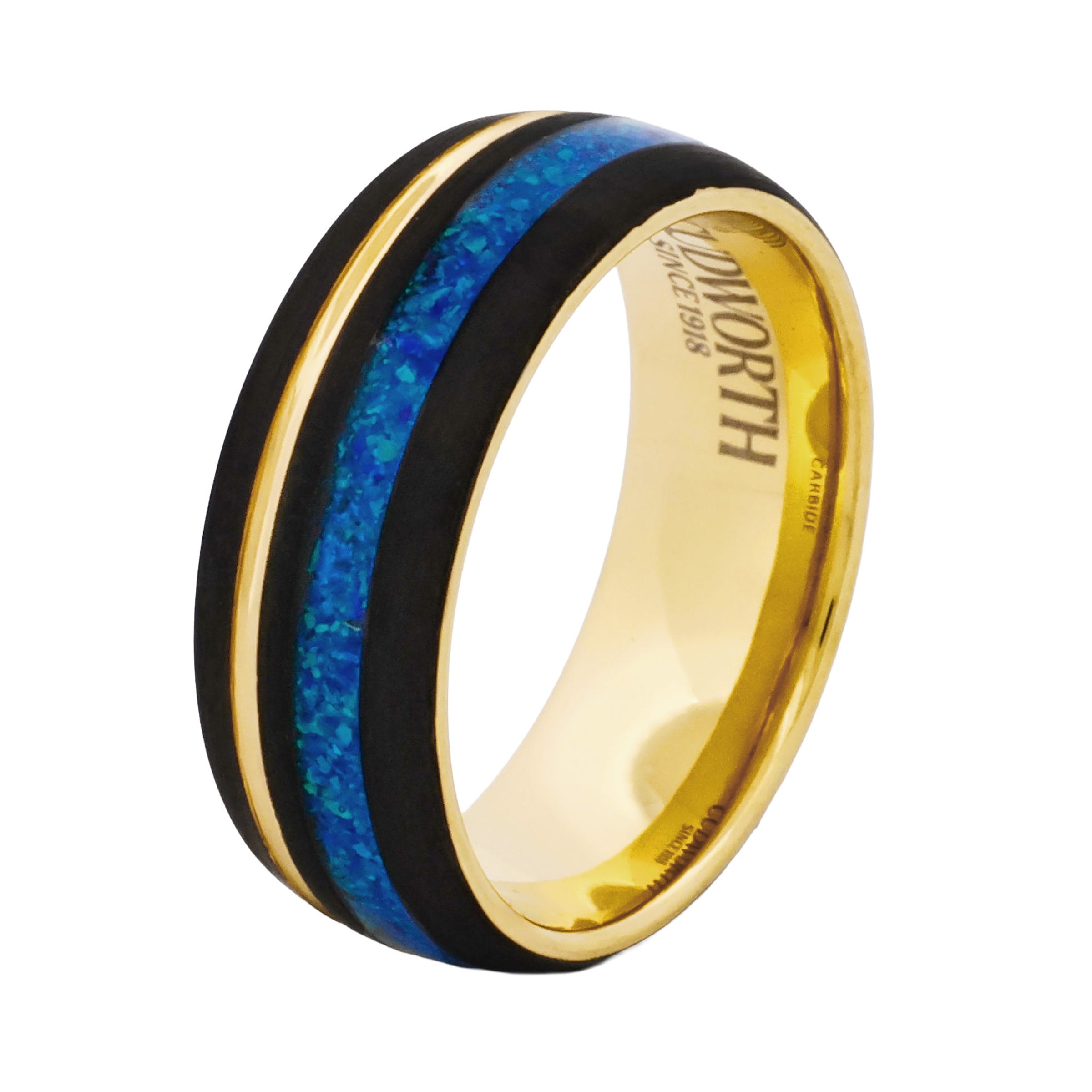 Tungsten Ring, Azure Aurora - Gold & black tungsten ring with blue opal inlay