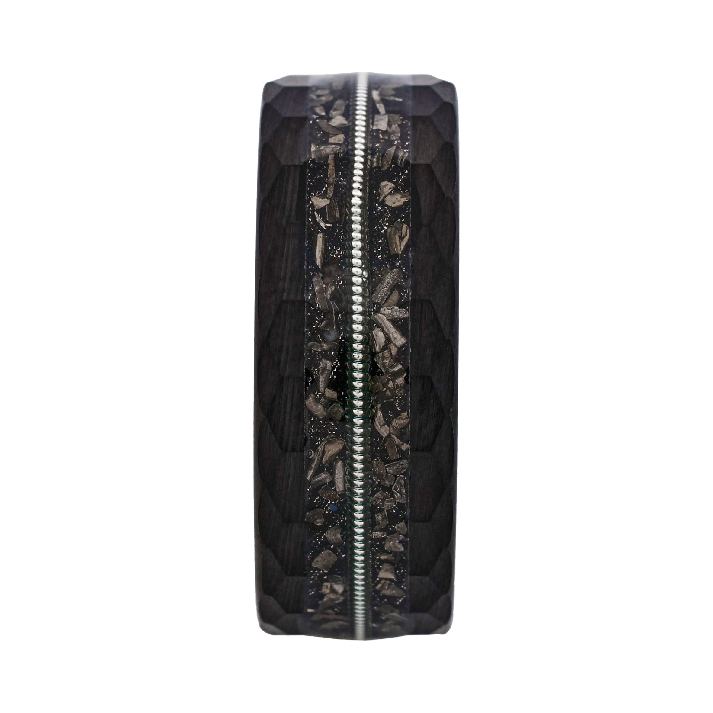 Tungsten Ring, Meteorite Circuit - Faceted black tungsten ring with meteorite and silver wire inlay