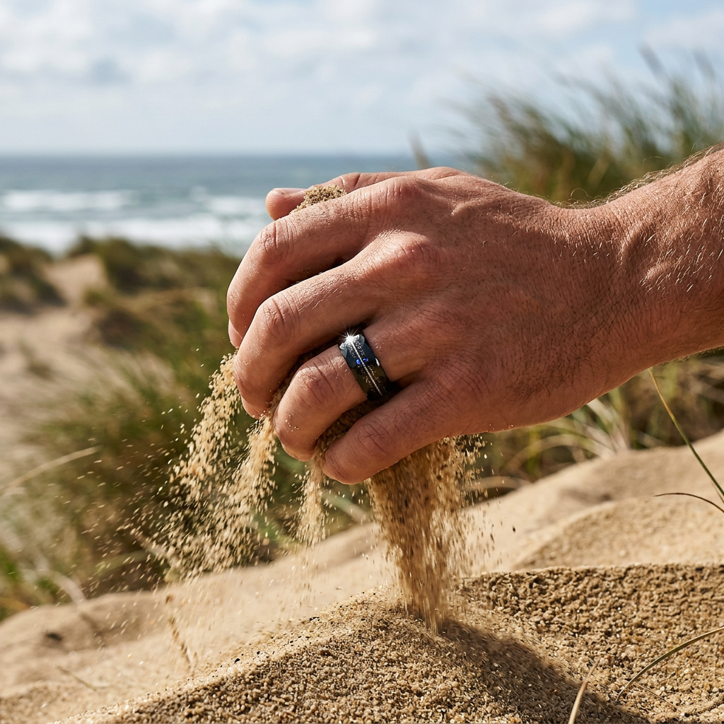 Tungsten Ring, Meteorite Circuit - Faceted black tungsten ring with meteorite and silver wire inlay