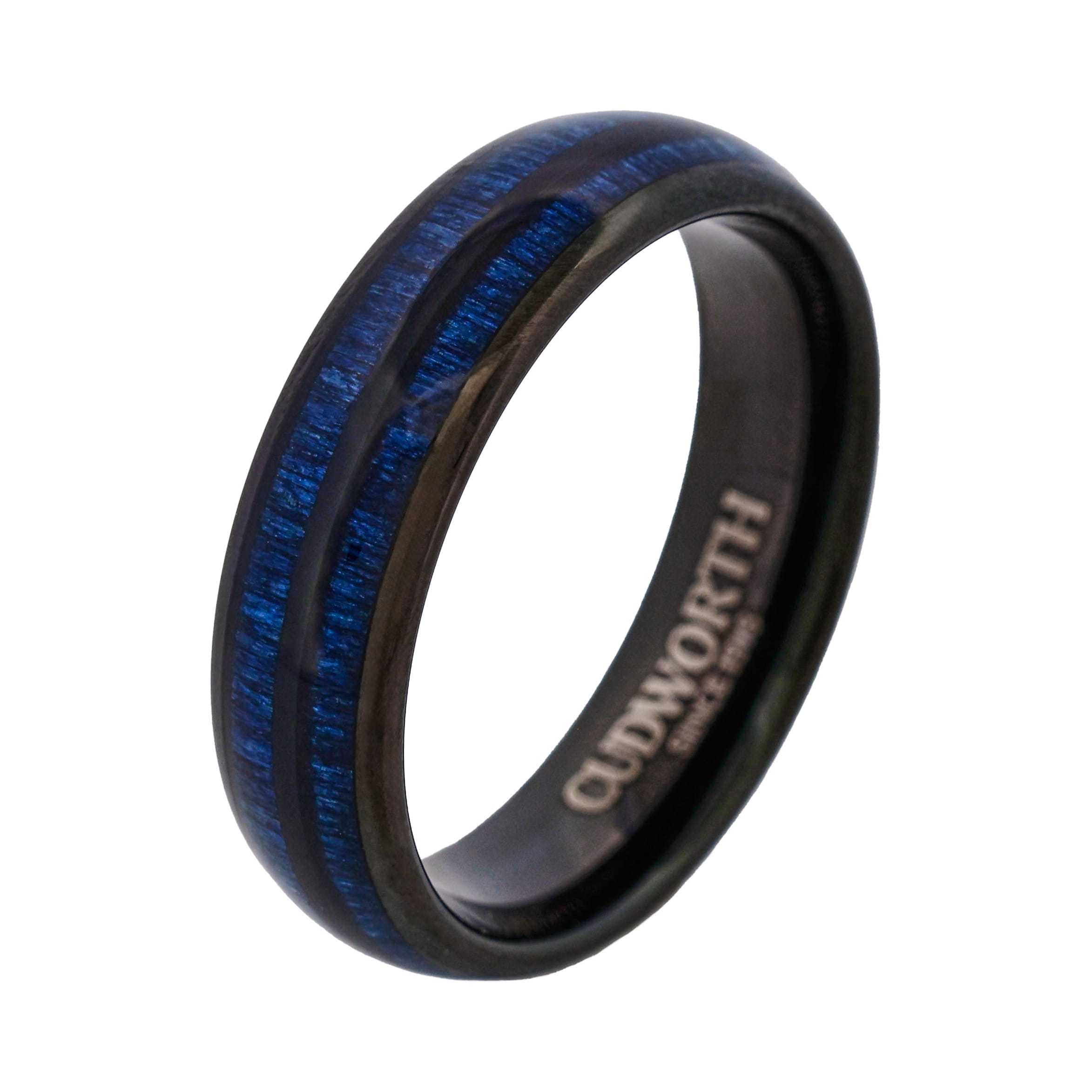 Tungsten Ring, Blue Volt Duo - Black tungsten ring with dual electric blue stripes