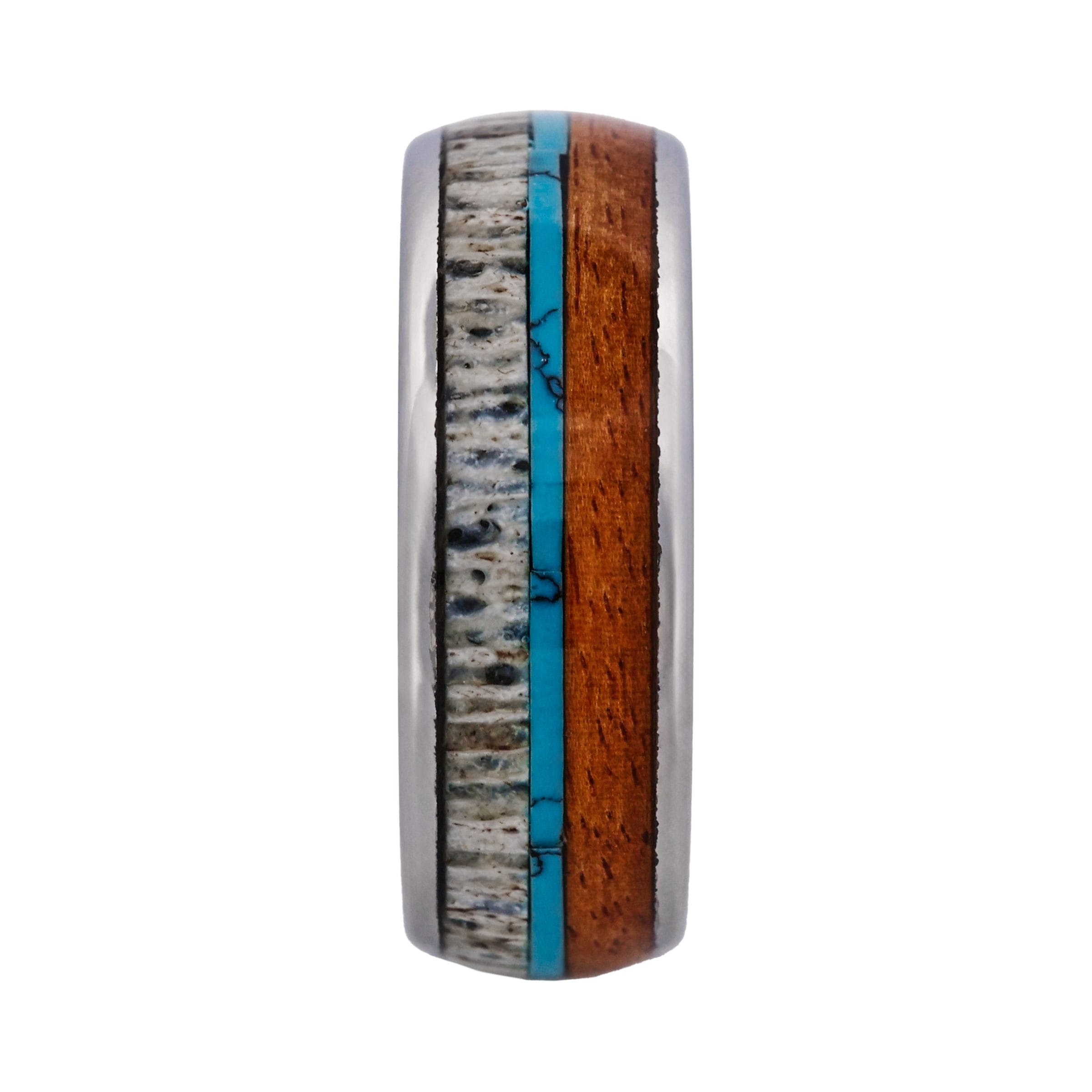 Tungsten Ring, Frontier Horizon - Silver tungsten ring with turquoise, antler, and wood inlays
