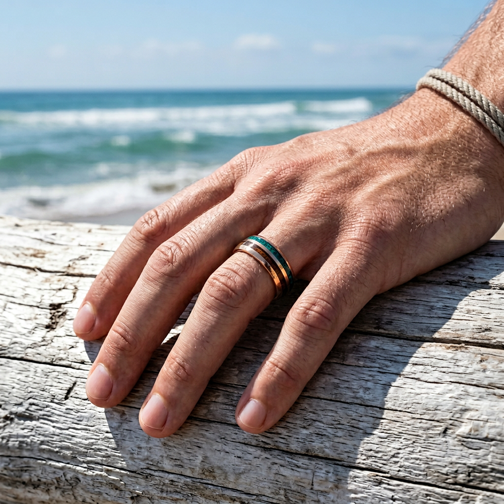 Tungsten Ring, Sierra Crest - Rose Gold tungsten ring with wood and turquoise inlays