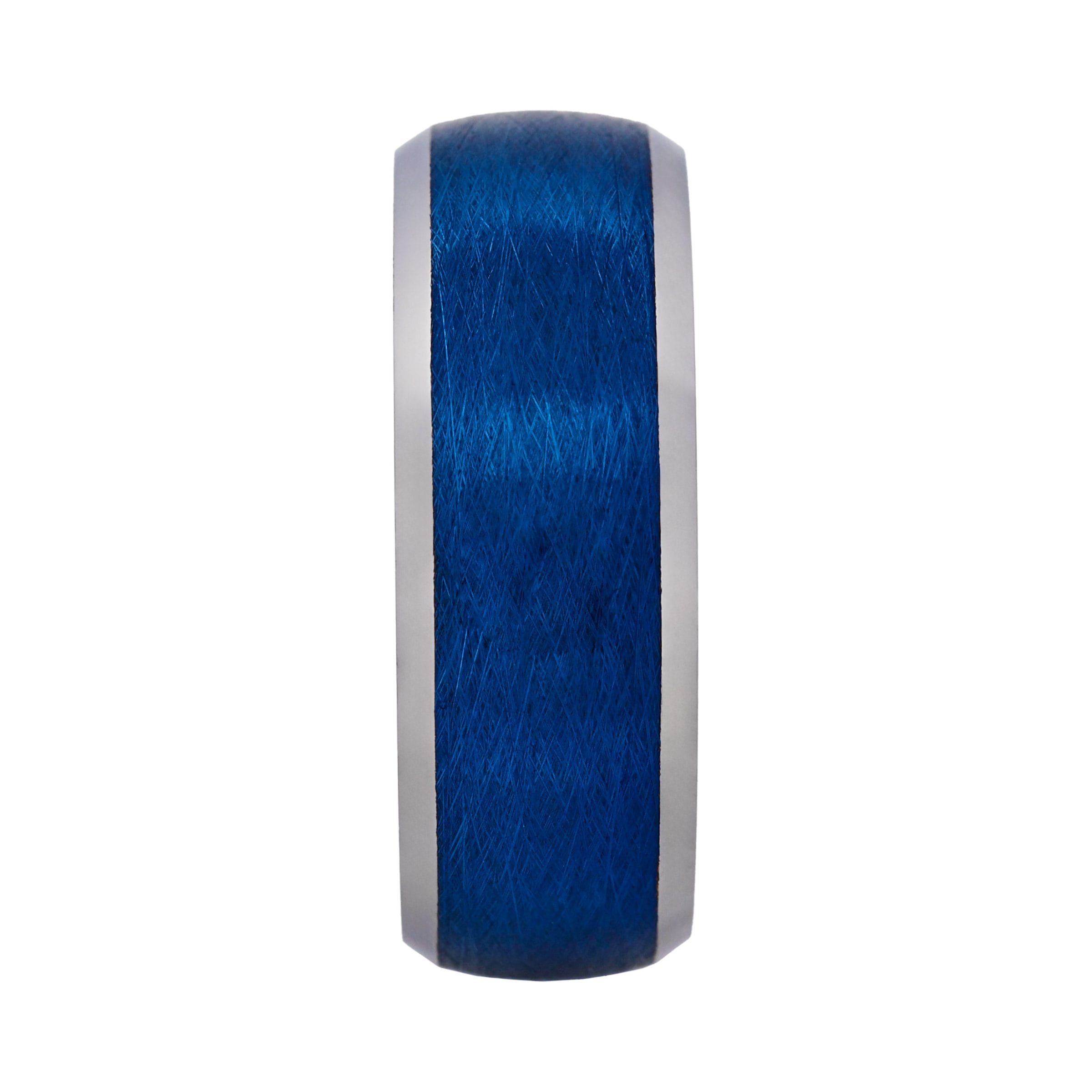Tungsten Ring, Pacific Frost - Brushed cobalt blue tungsten ring with silver edges