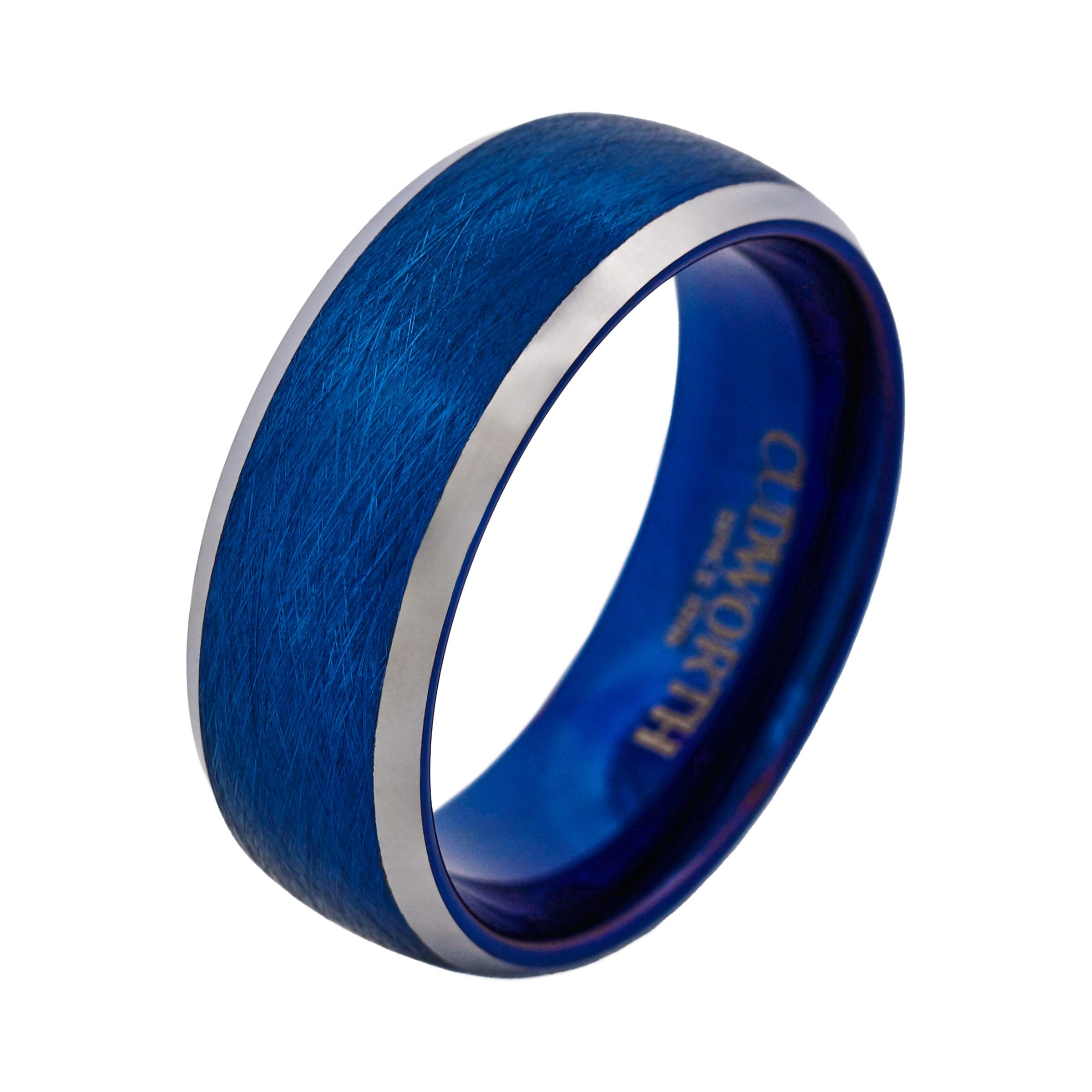 Tungsten Ring, Pacific Frost - Brushed cobalt blue tungsten ring with silver edges
