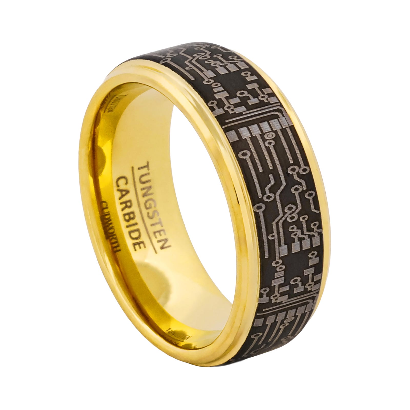Cudworth Polished Gold Ion Plated Tungsten Ring - Circuit Gold