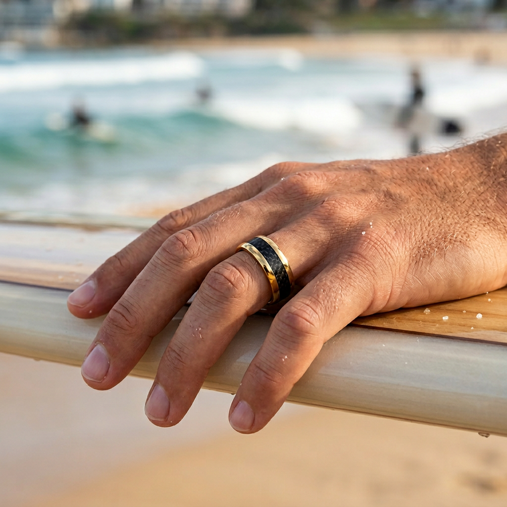 Stainless Steel 14K Ion Plated Gold Carbon Fibre Ring
