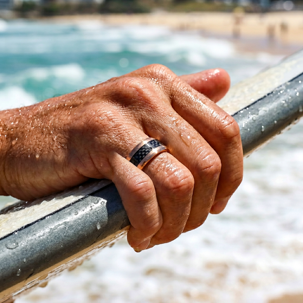 Stainless Steel Ion Plated Rose Gold & Carbon Fibre Ring