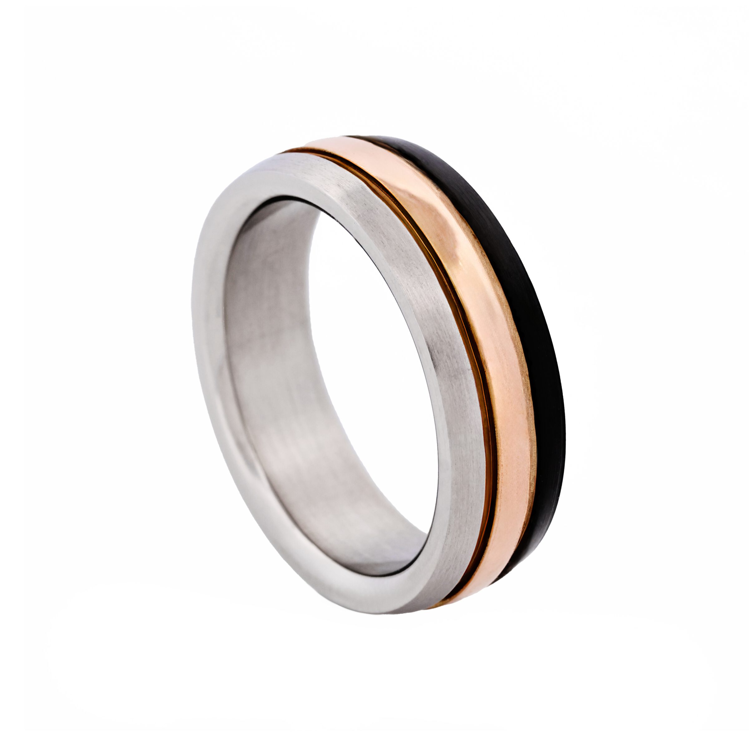 Brushed Stainless Steel, Ion Plated Rose Gold & Gun Metal Ring