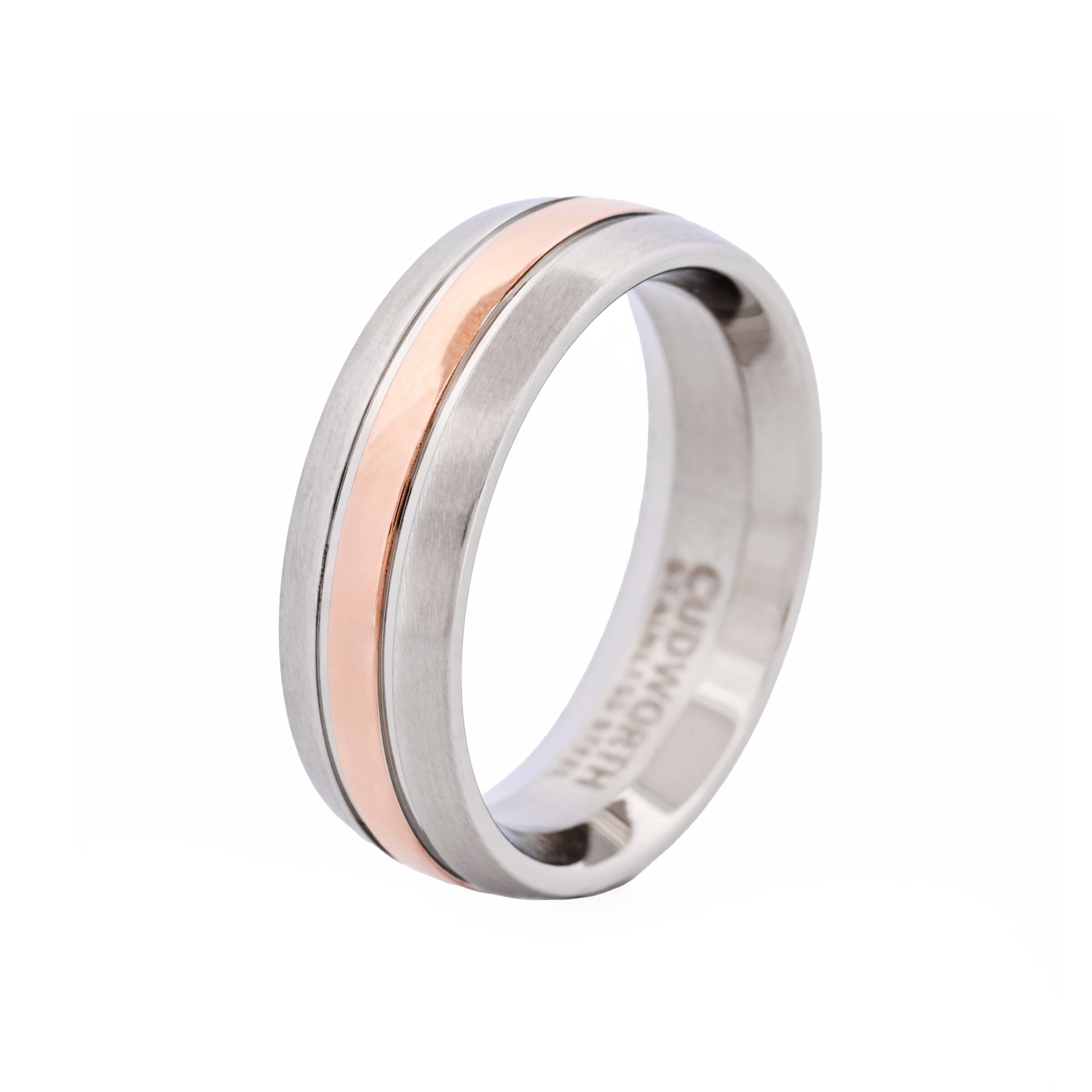 Brushed Stainless Steel Ring with Ion Plated Rose Gold Centre Band