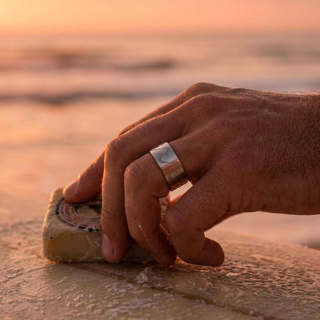 Polished Stainless Steel Ring with Frosted swirl Pattern