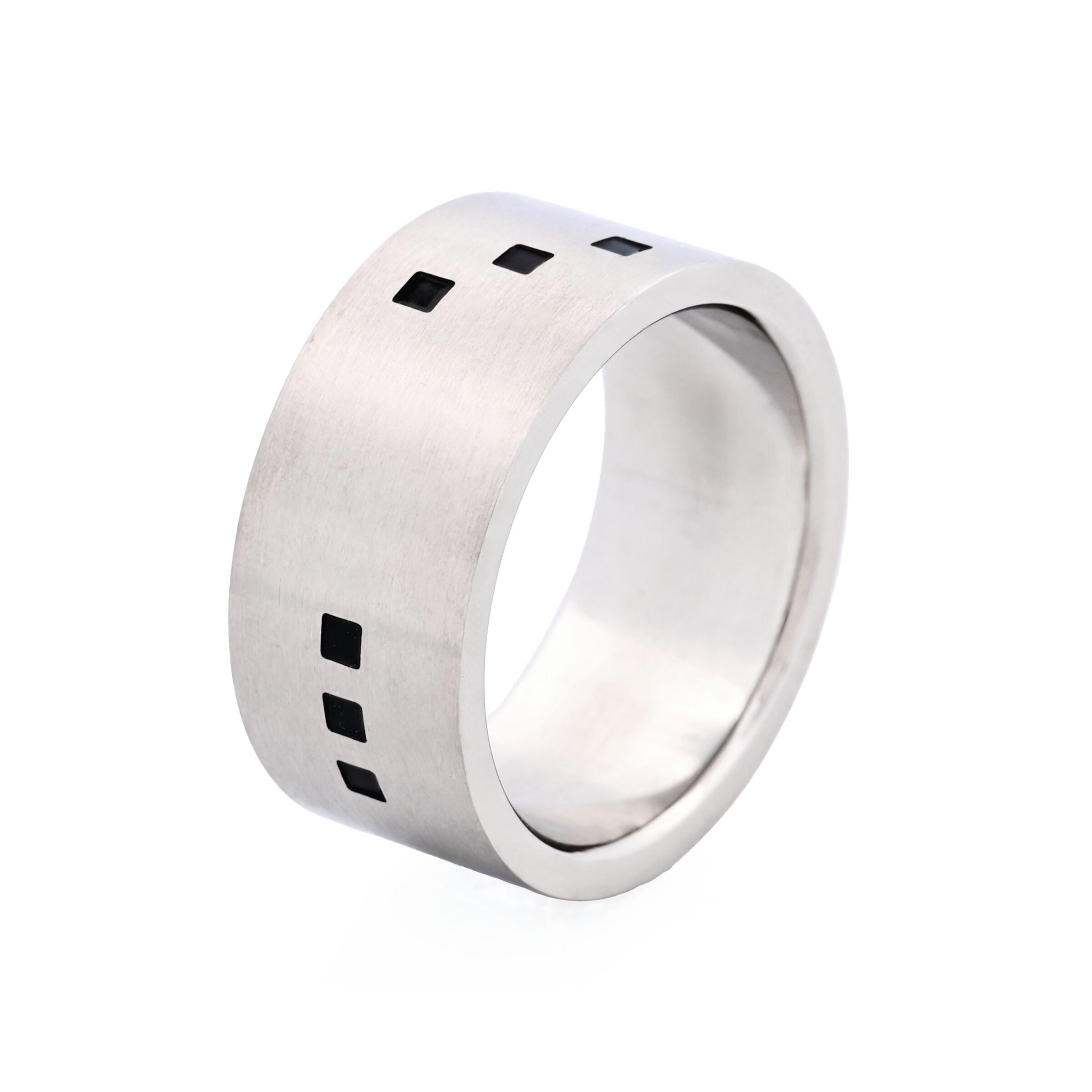 Brushed Stainless Steel Ring with Small Black Enamel Squares