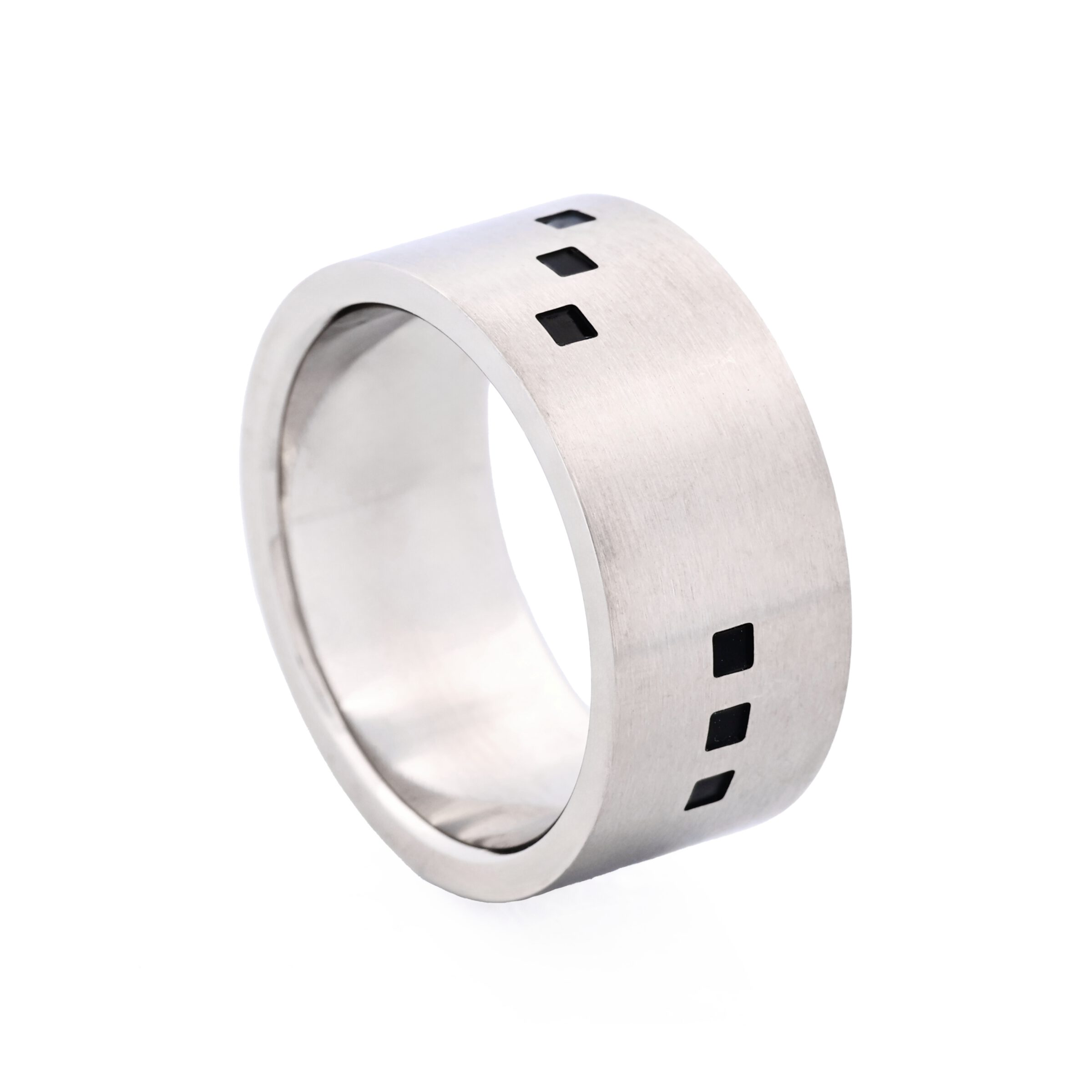 Brushed Stainless Steel Ring with Small Black Enamel Squares