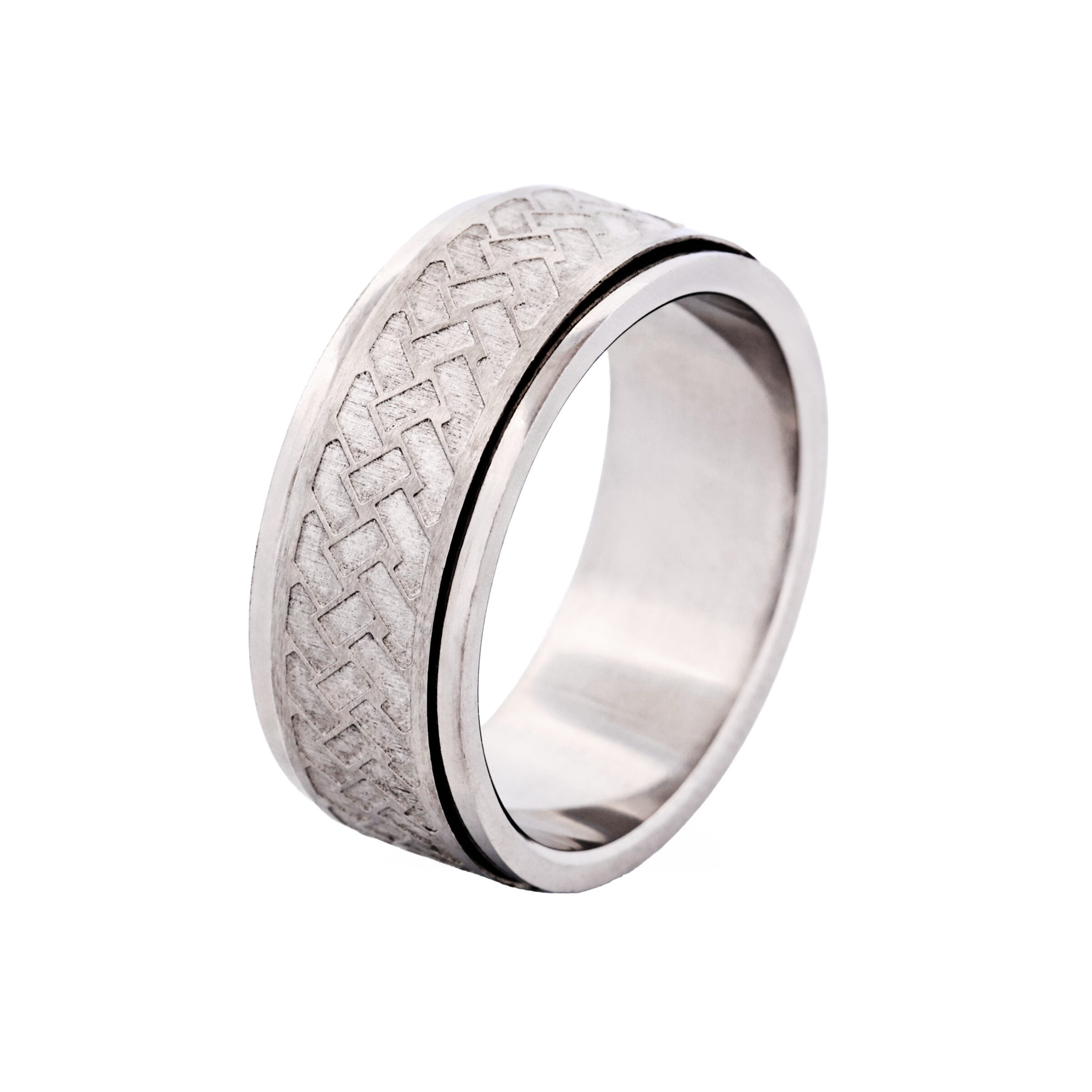 Matt & Polished Stainless Steel Spinner Ring with Platted Pattern in Centre