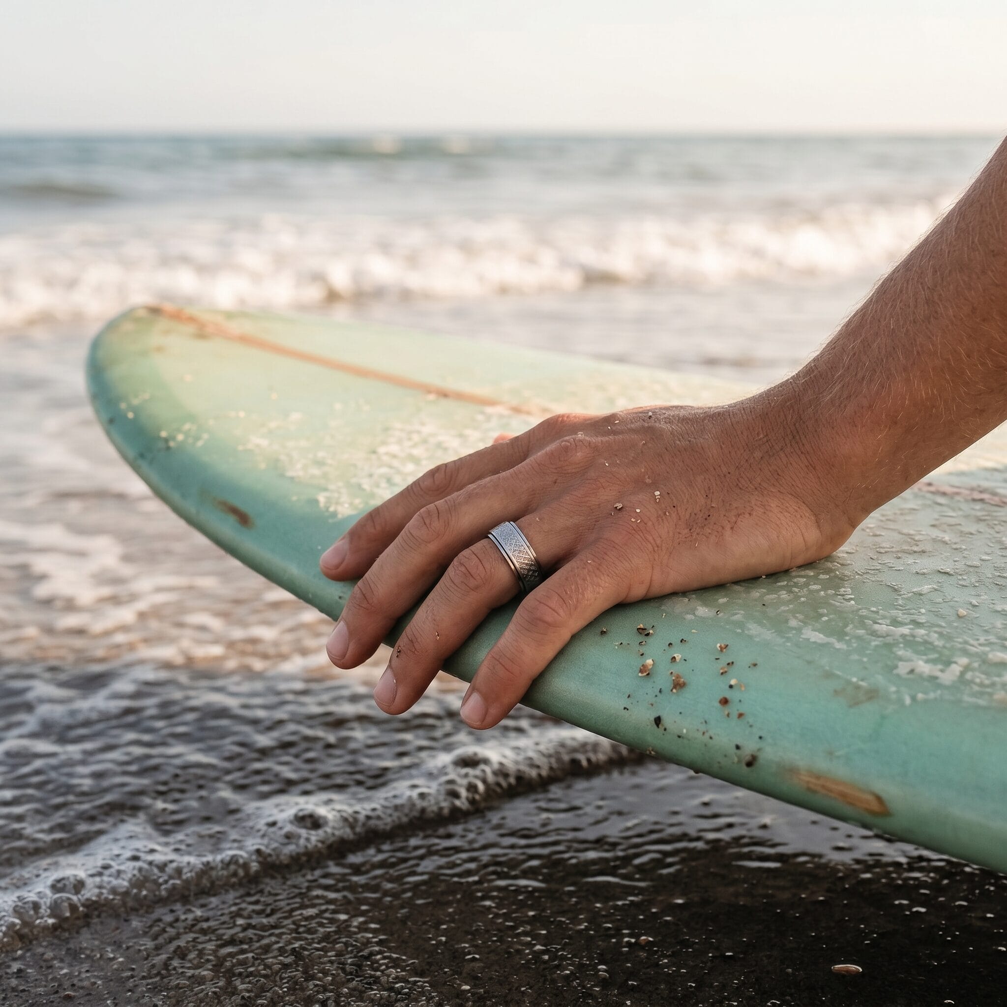 Matt & Polished Stainless Steel Spinner Ring with Platted Pattern in Centre