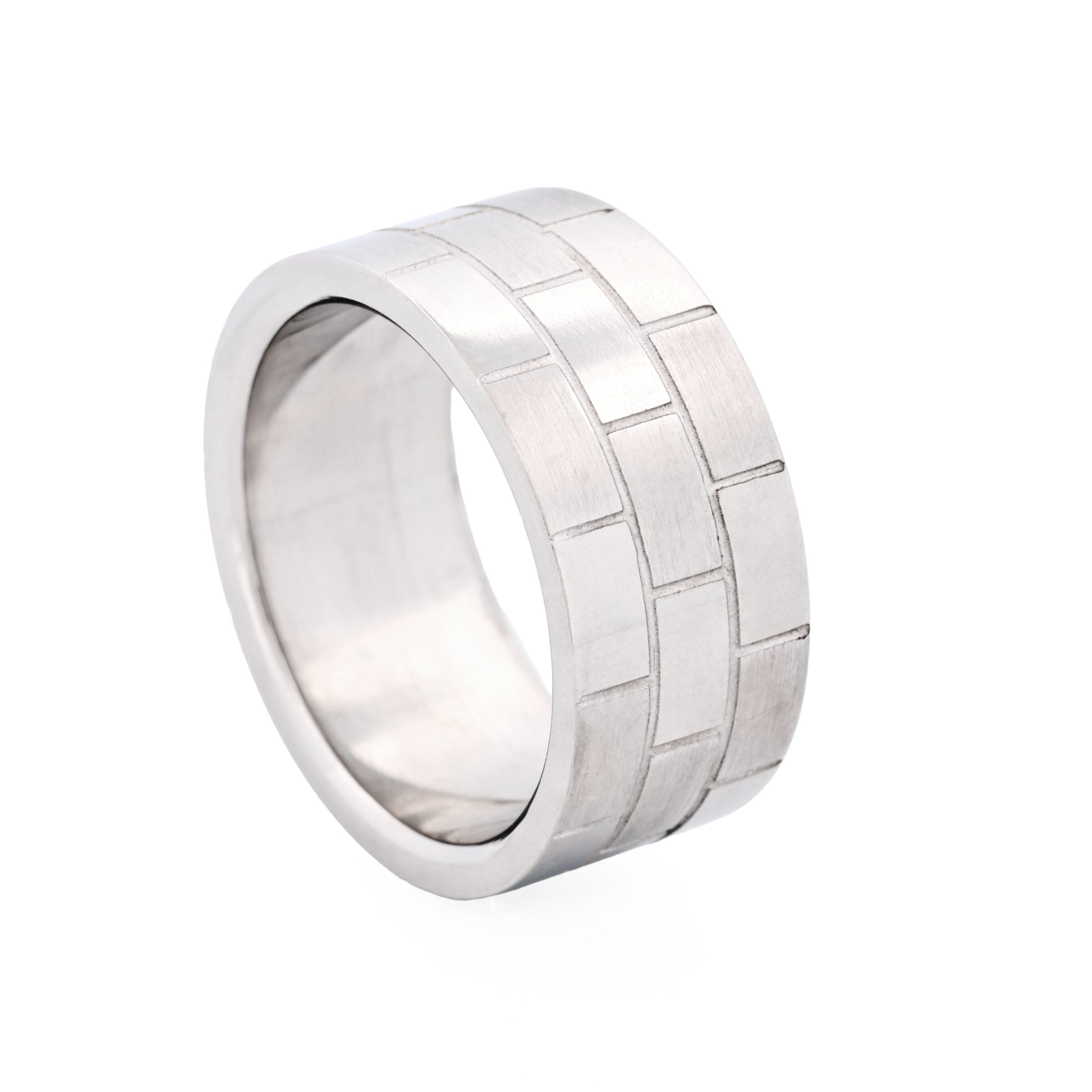 Brushed & Polished Stainless Steel Brick Pattern Ring