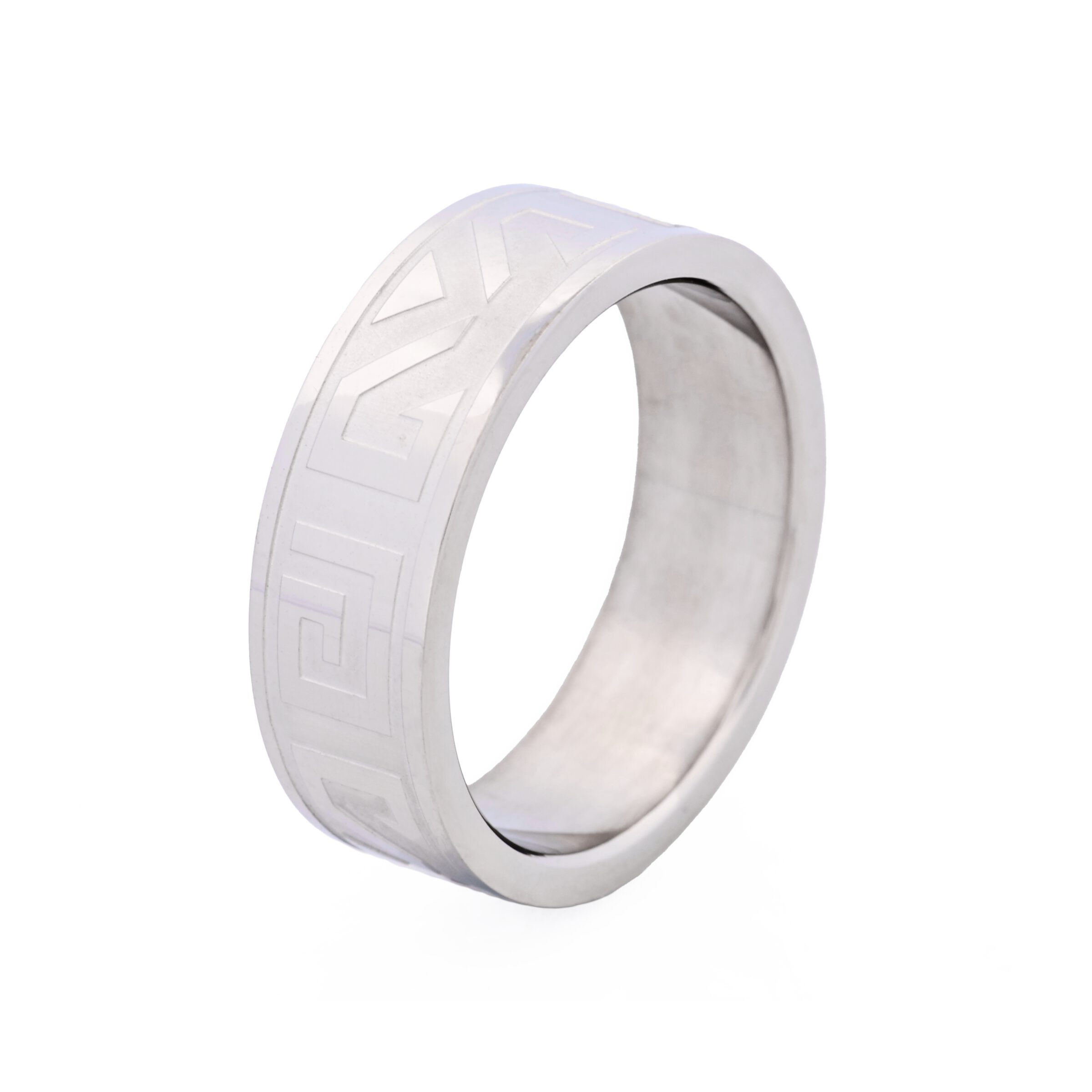 Polished Stainless Steel Ring with Frosted Greek Key Pattern