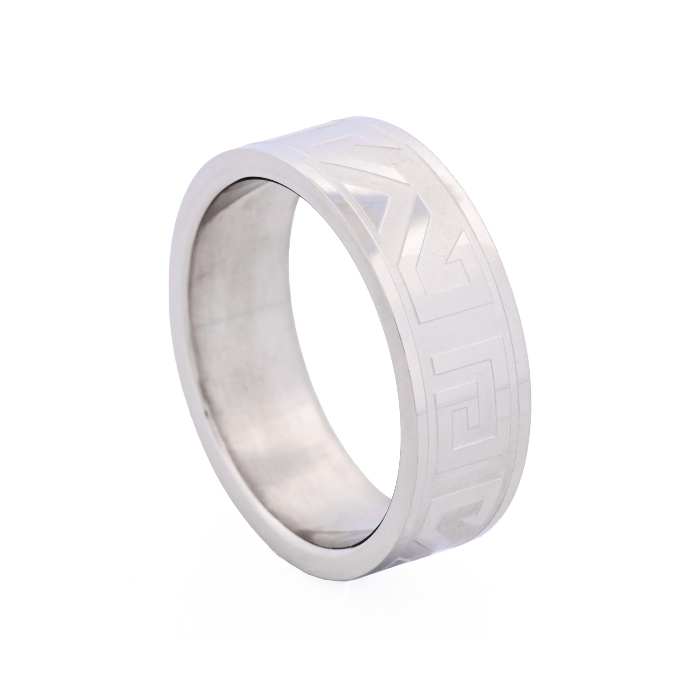 Polished Stainless Steel Ring with Frosted Greek Key Pattern