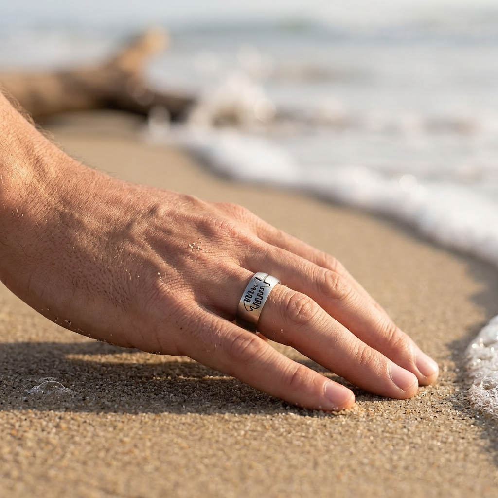 Brushed Stainless Ring with Cutout Fish Pattern