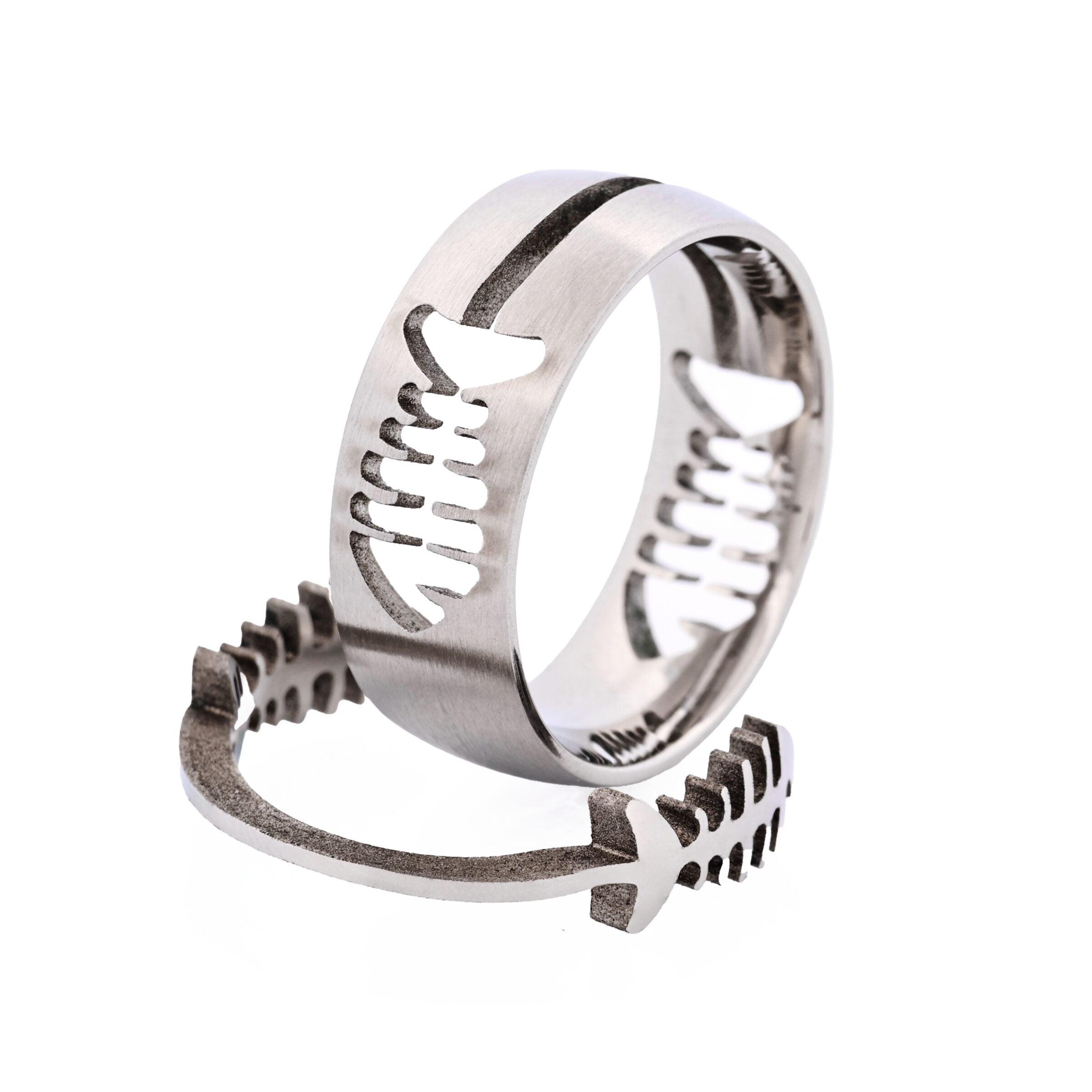 Brushed Stainless Ring with Cutout Fish Pattern