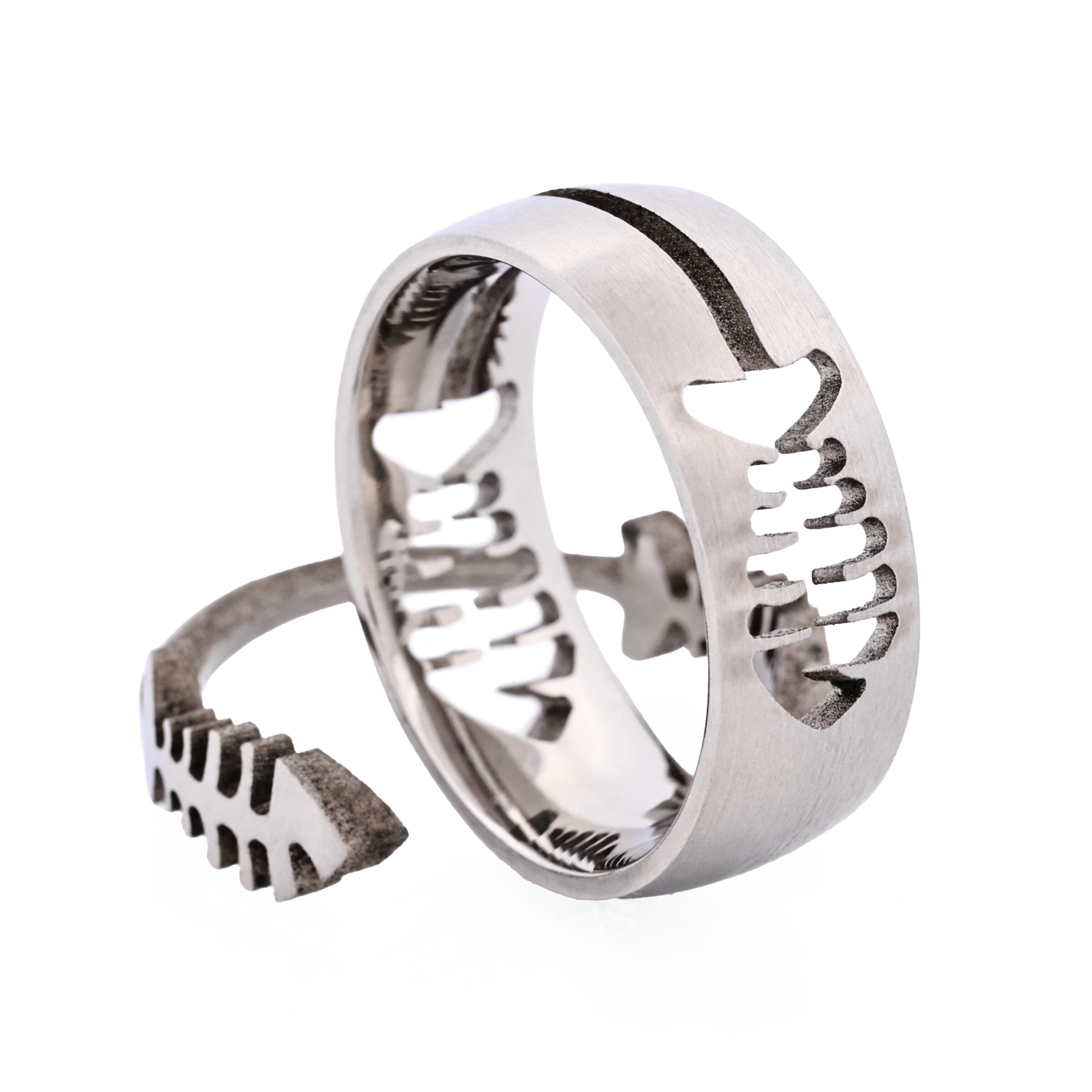 Brushed Stainless Ring with Cutout Fish Pattern