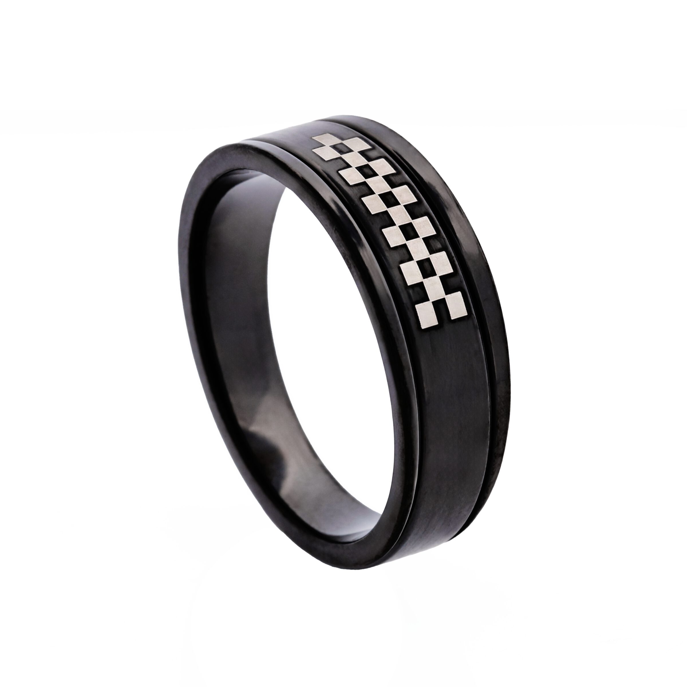 Ion Plated Black Stainless Steel Ring with Check Pattern