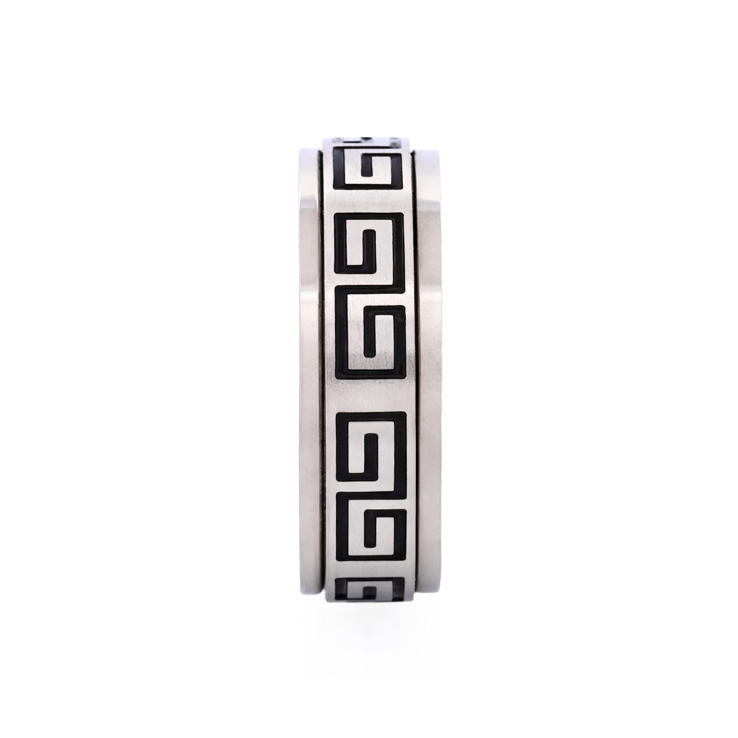 Brushed Stainless Steel Ring with Black Enamel Greek Key Pattern