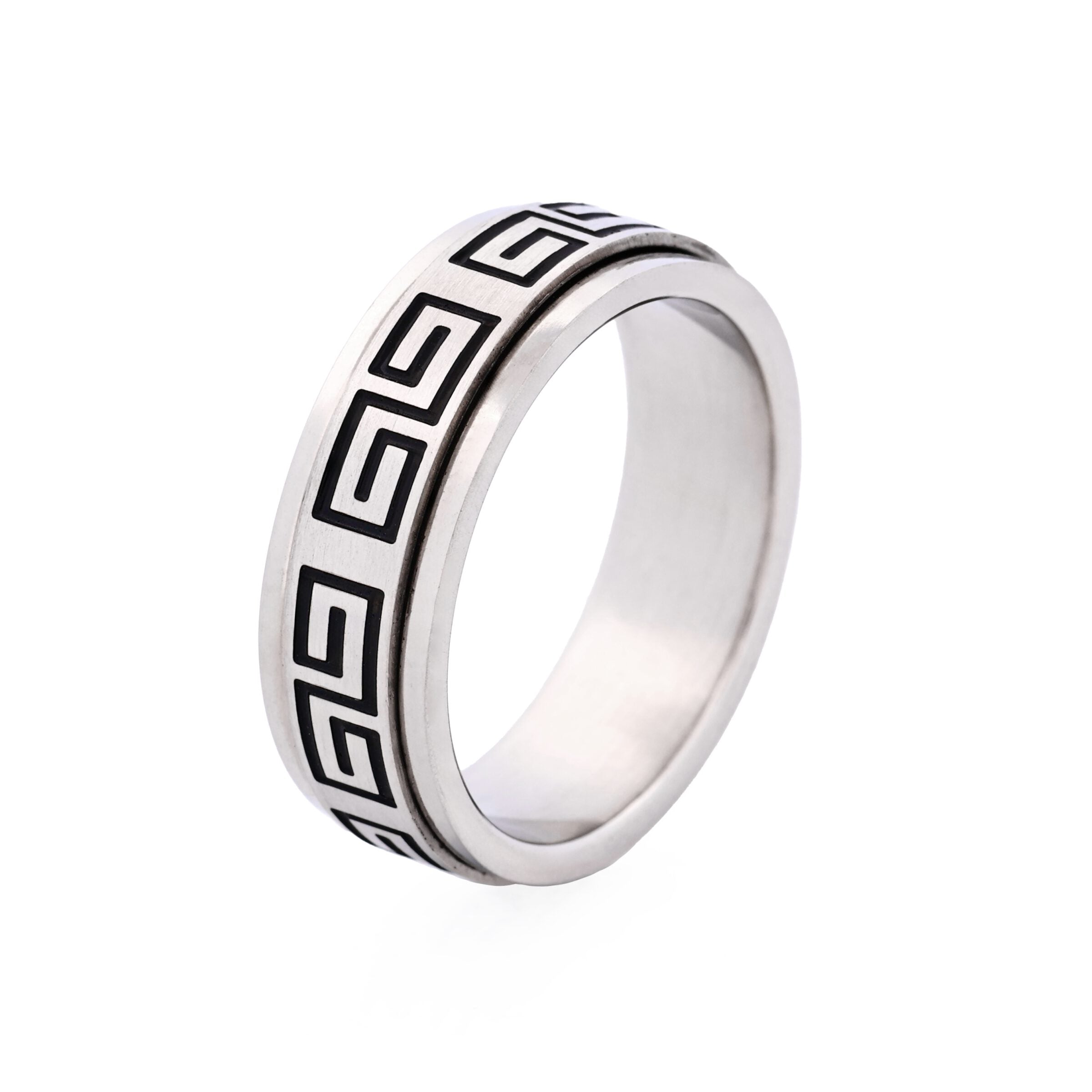 Brushed Stainless Steel Ring with Black Enamel Greek Key Pattern