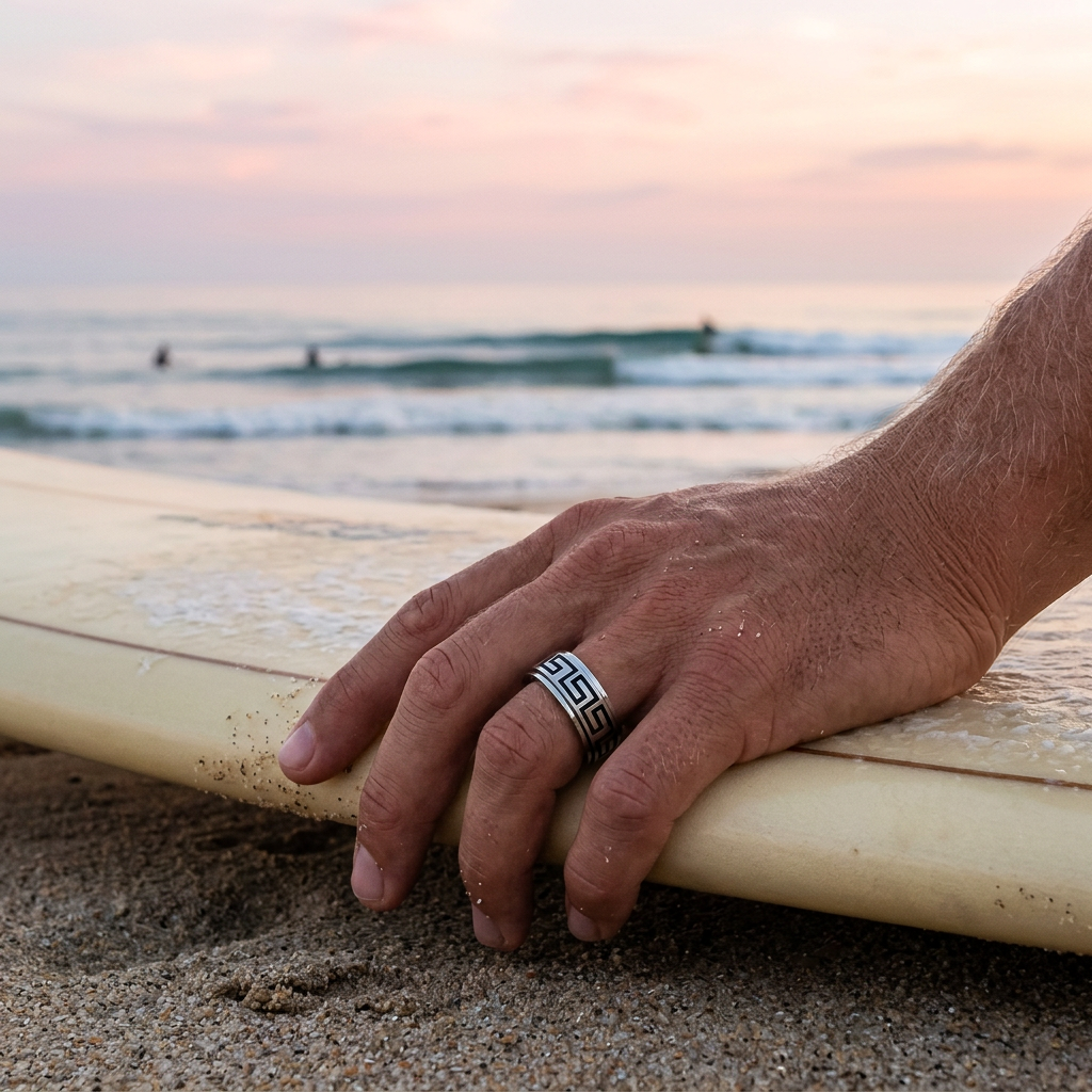 Brushed Stainless Steel Ring with Black Enamel Greek Key Pattern