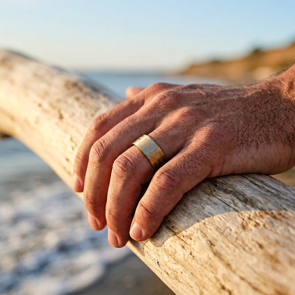 Ion Plated Yellow Gold Stainless Steel Ring with Frosted Greek Key Pattern