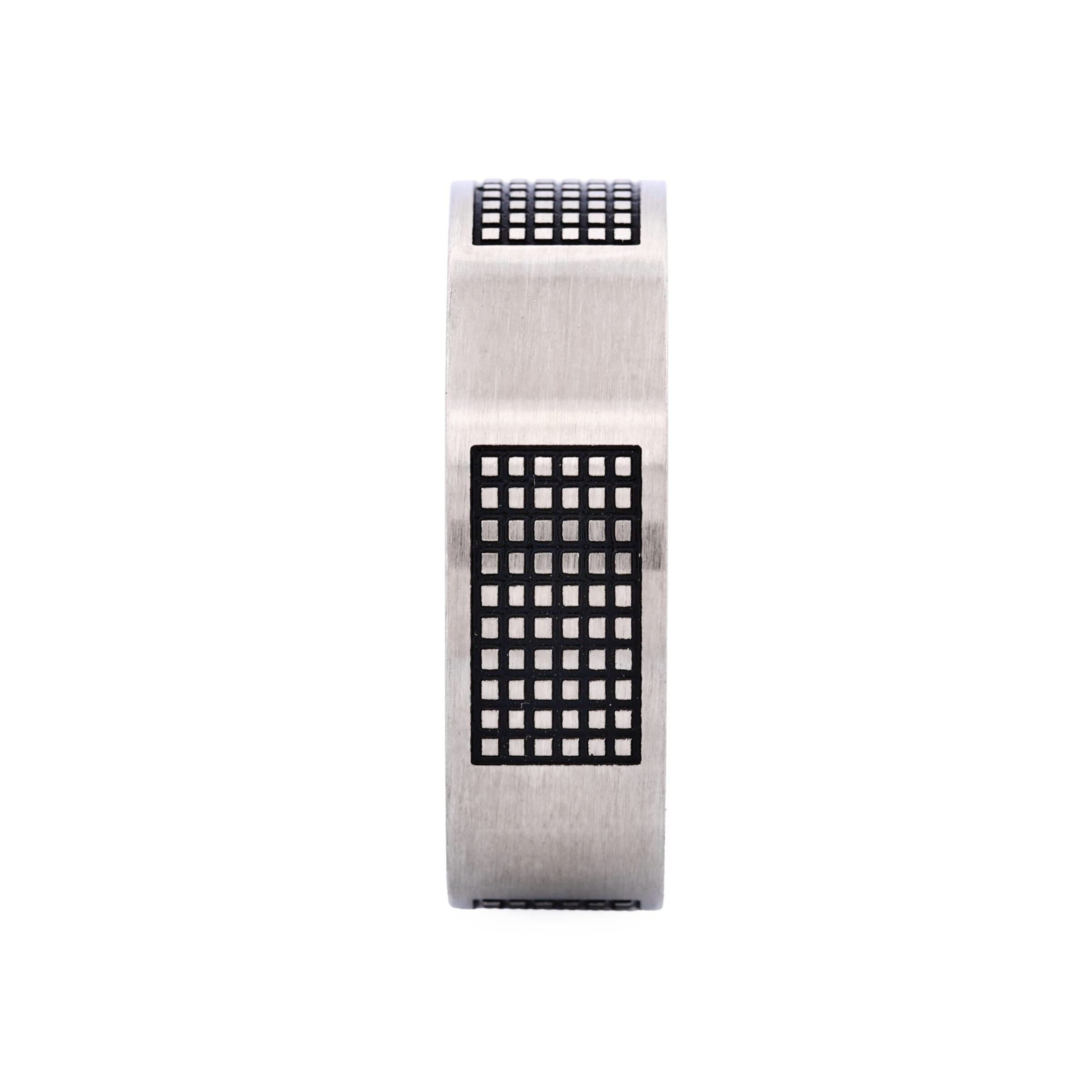 Brushed Stainless Steel Ring with Black Enamel Lattice Pattern