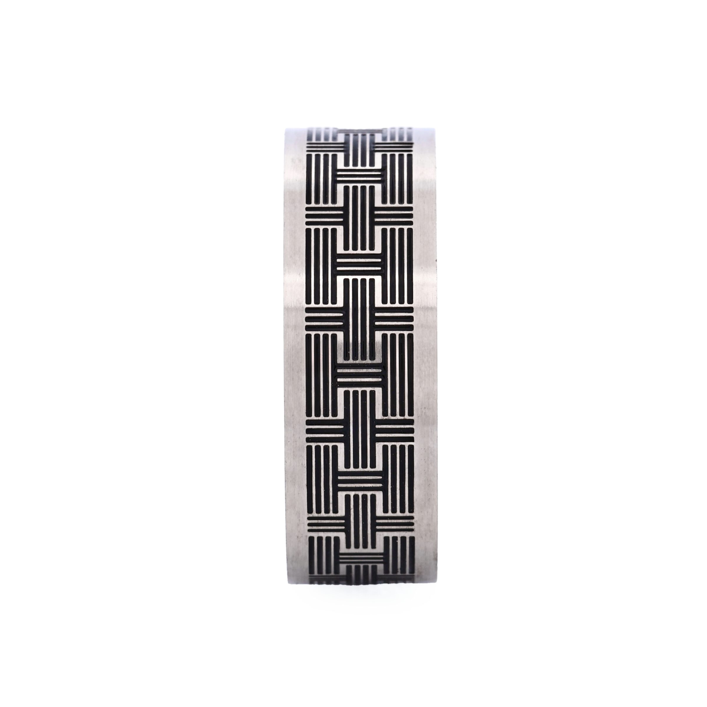Brushed Stainless Steel Ring with Black enamel Brick Pattern