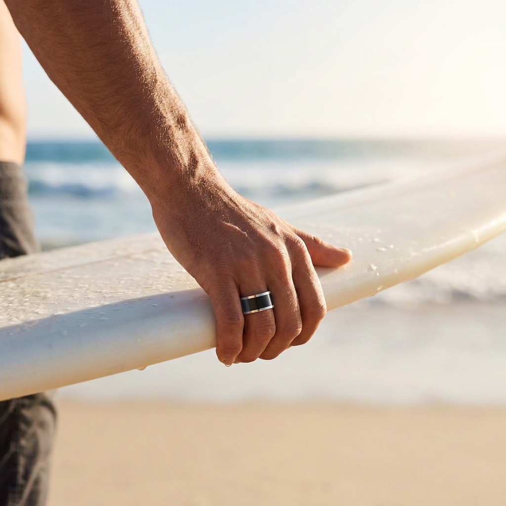 Polished Stainless Steel Ring with Black Lacquer Inlay